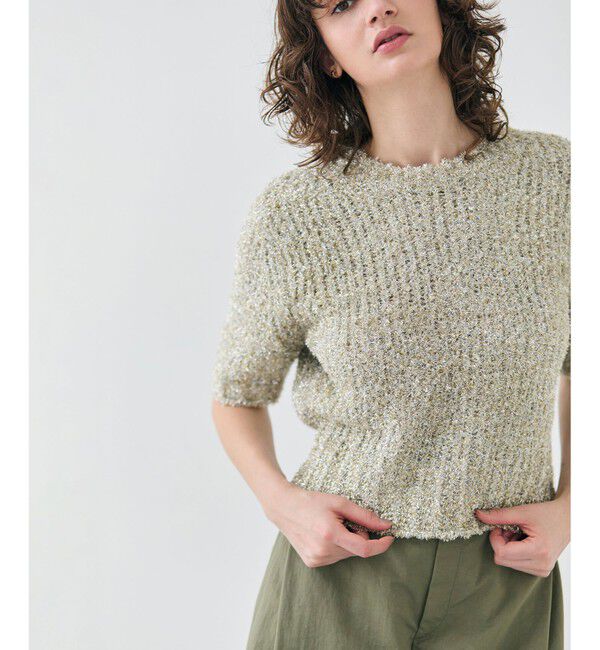 BEIGE,「【洗える・Precious 4月号掲載】TRITOMA / ラメクルーネック半袖ニット」|ニット・セーター|