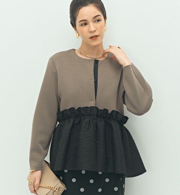 NOLLEY'S「《セットアップ対応》ウォッシャブルエアボールジャガードペプラムブルゾン」|ブルゾン・スタジャン|カーキ