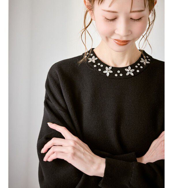 Rope&rsquo;Picnic「ビジューニットプルオーバー」|ニット・セーター|ブラック(01)