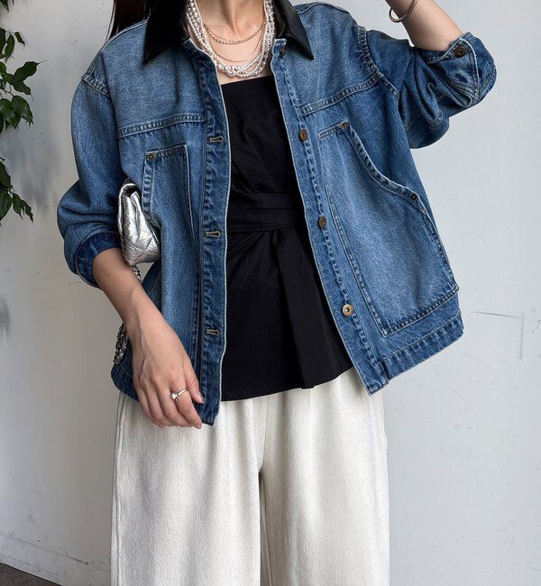  「【襟の取り外しが可能！】レザーカラーデニムジャケット」|ブルゾン・スタジャン|