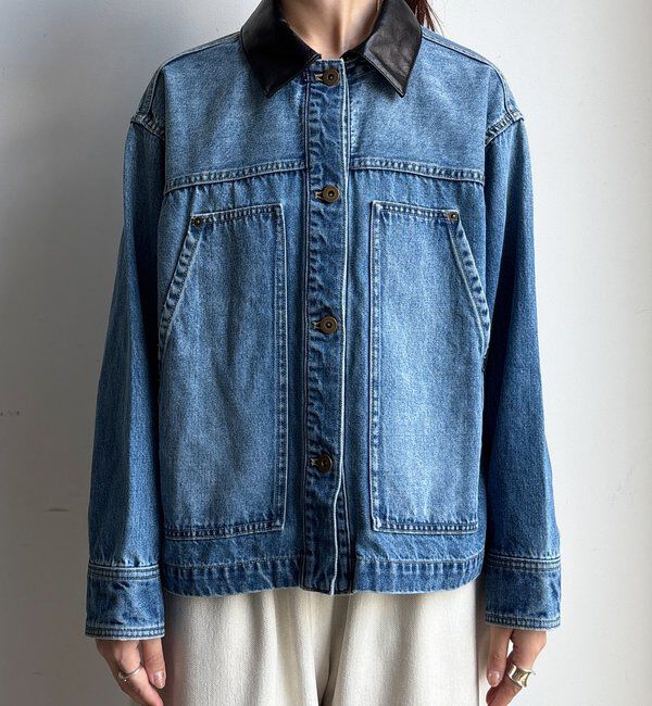  「【襟の取り外しが可能！】レザーカラーデニムジャケット」|ブルゾン・スタジャン|