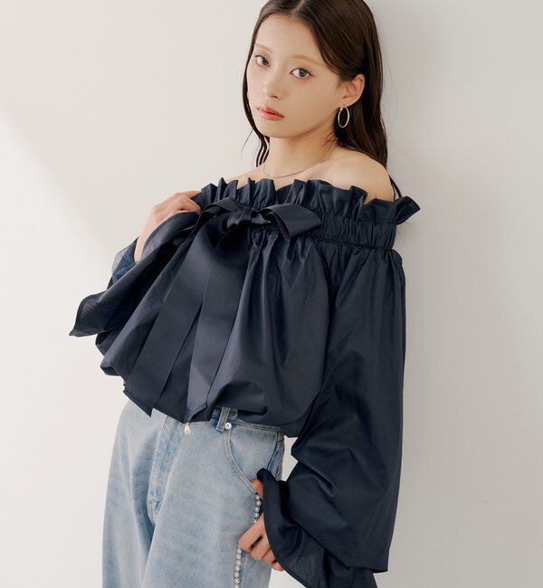  「【SALON by Chico】2wayスタンドフリルブラウス」|シャツ・ブラウス|ネイビー