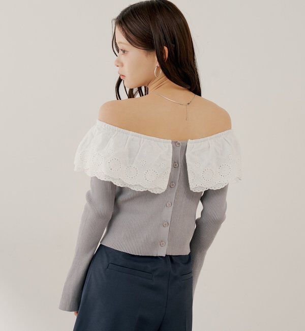  「【SALON by Chico】前後2wayダブルレースフリルオフショルニット」|ニット・セーター|