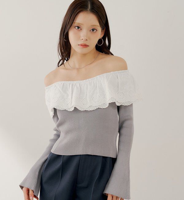  「【SALON by Chico】前後2wayダブルレースフリルオフショルニット」|ニット・セーター|