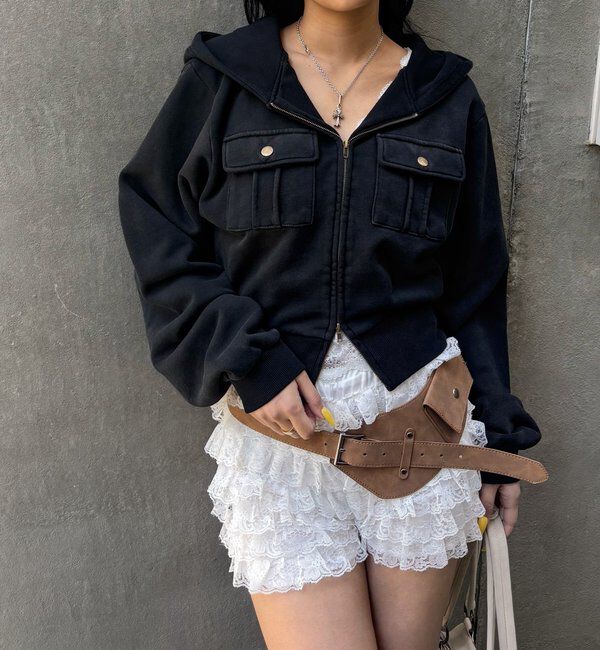  「フラップショートジップフーディ」|パーカー|チャコールグレー