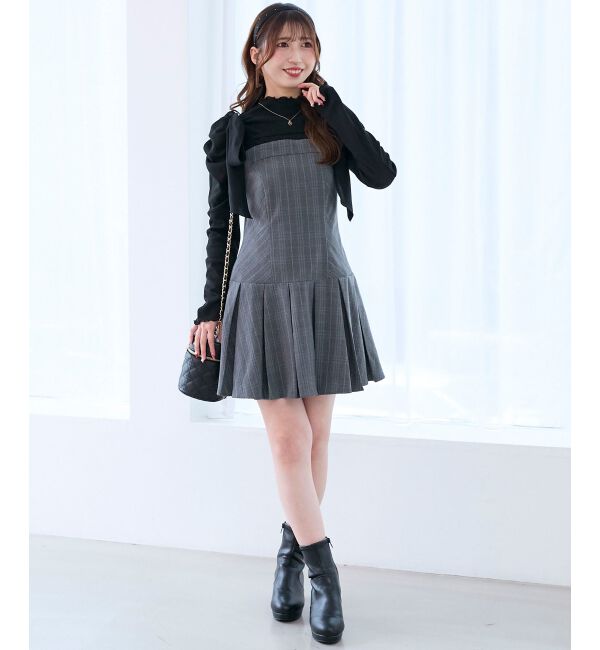  「ショルダーリボンミニワンピース」|ワンピース|グレー柄