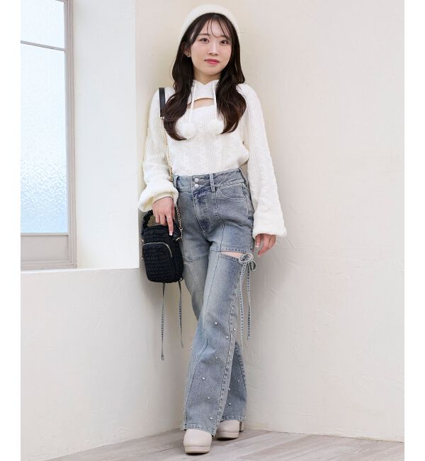  「ポンポン付きフードケーブルニット」|ニット・セーター|