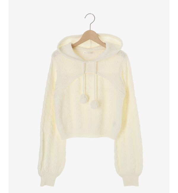  「ポンポン付きフードケーブルニット」|ニット・セーター|