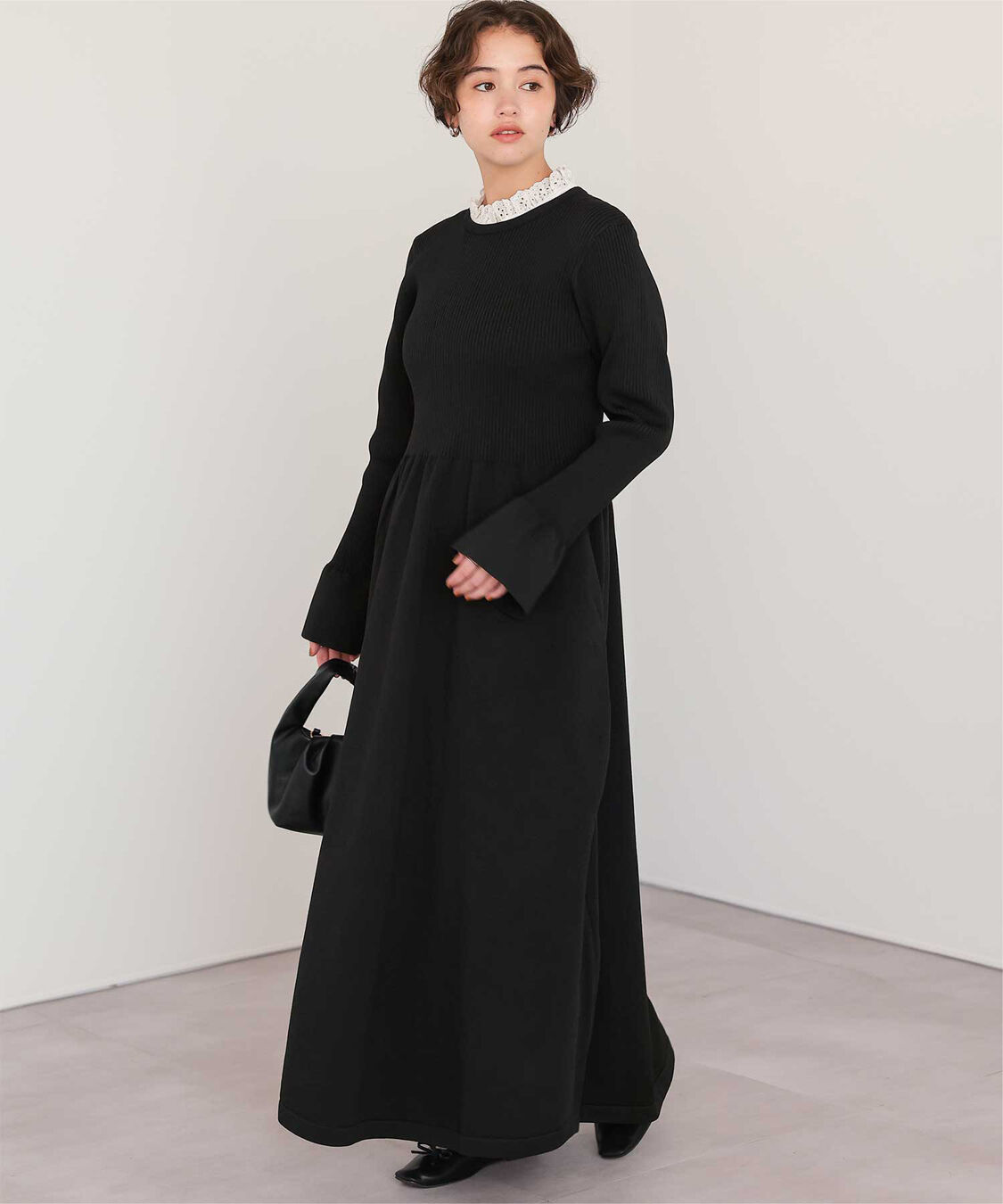 titivate「襟付きボリュームスカートニットワンピース」|ワンピース|ブラック