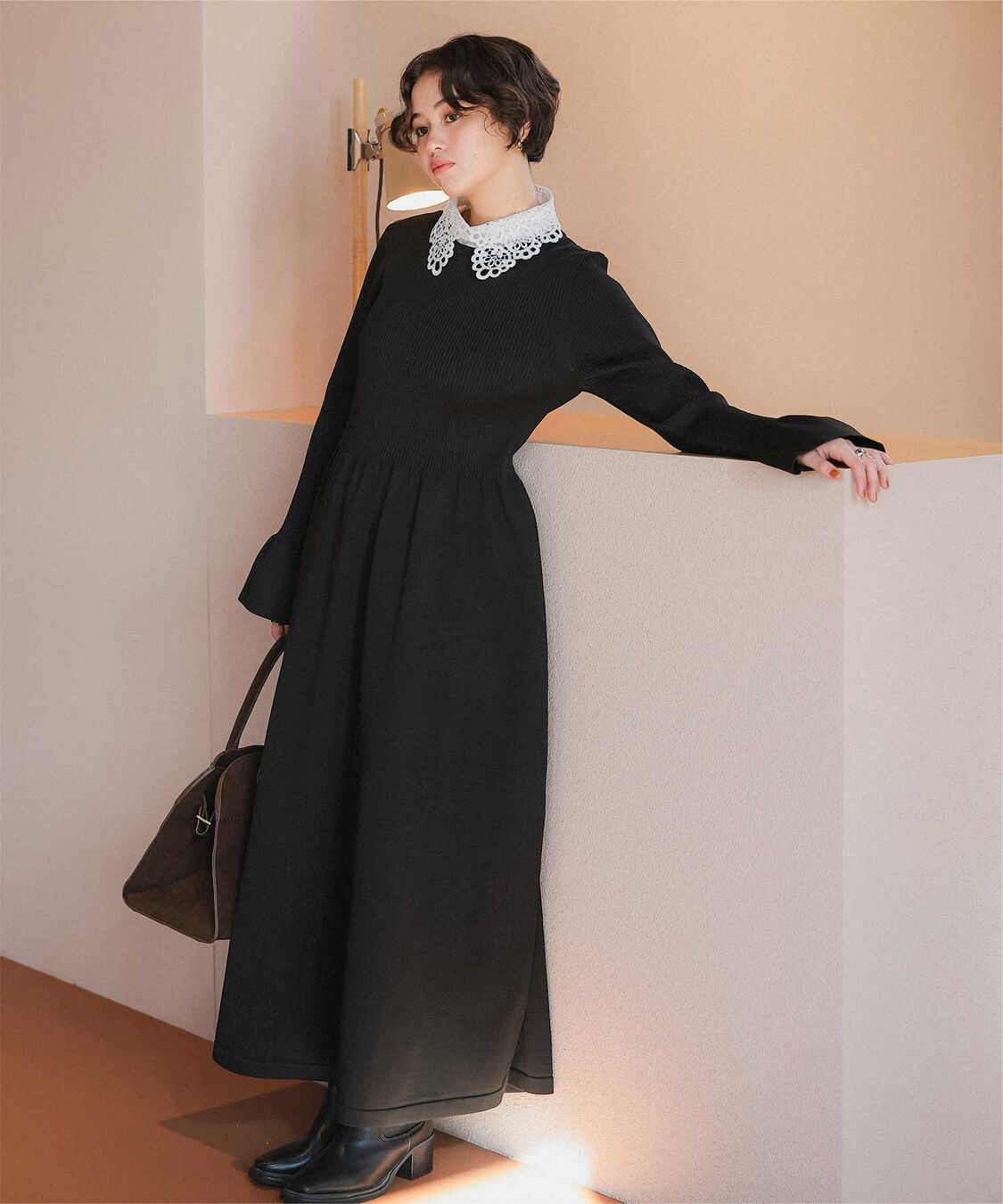 titivate「襟付きボリュームスカートニットワンピース」|ワンピース|レース/ブラック