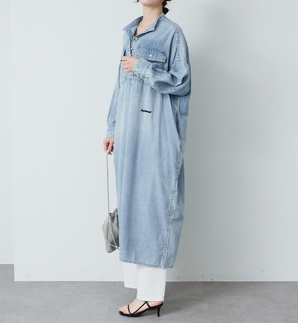  「ヴィンテージライクデニムバンドカラーワンピース」|ワンピース|