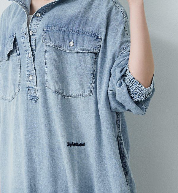  「ヴィンテージライクデニムバンドカラーワンピース」|ワンピース|