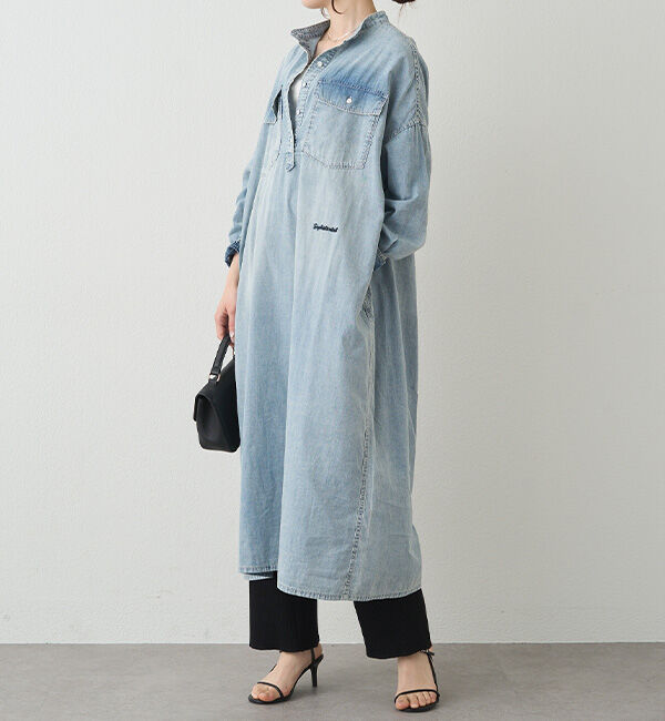  「ヴィンテージライクデニムバンドカラーワンピース」|ワンピース|