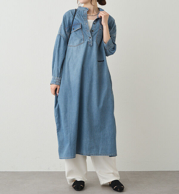  「ヴィンテージライクデニムバンドカラーワンピース」|ワンピース|