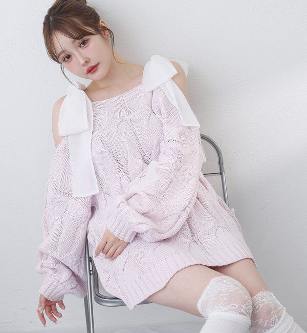  「ミルキーパレットニットミニワンピ／肩リボン取り外し可」|ワンピース|ラベンダー