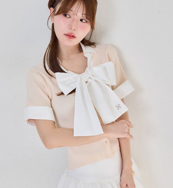  「【リボン取り外し可能】リボンシャツドッキングニット」|ニット・セーター|