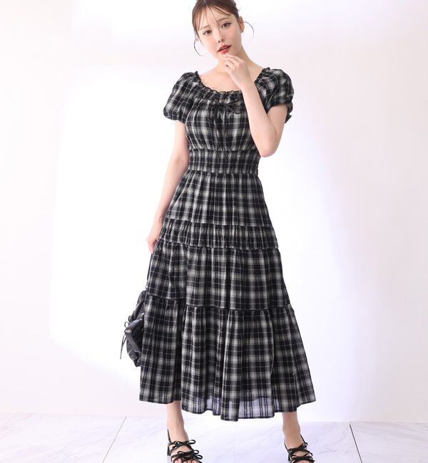  「【XSサイズあり】ウエストシャーリングリボンロングワンピース」|ワンピース|チェック