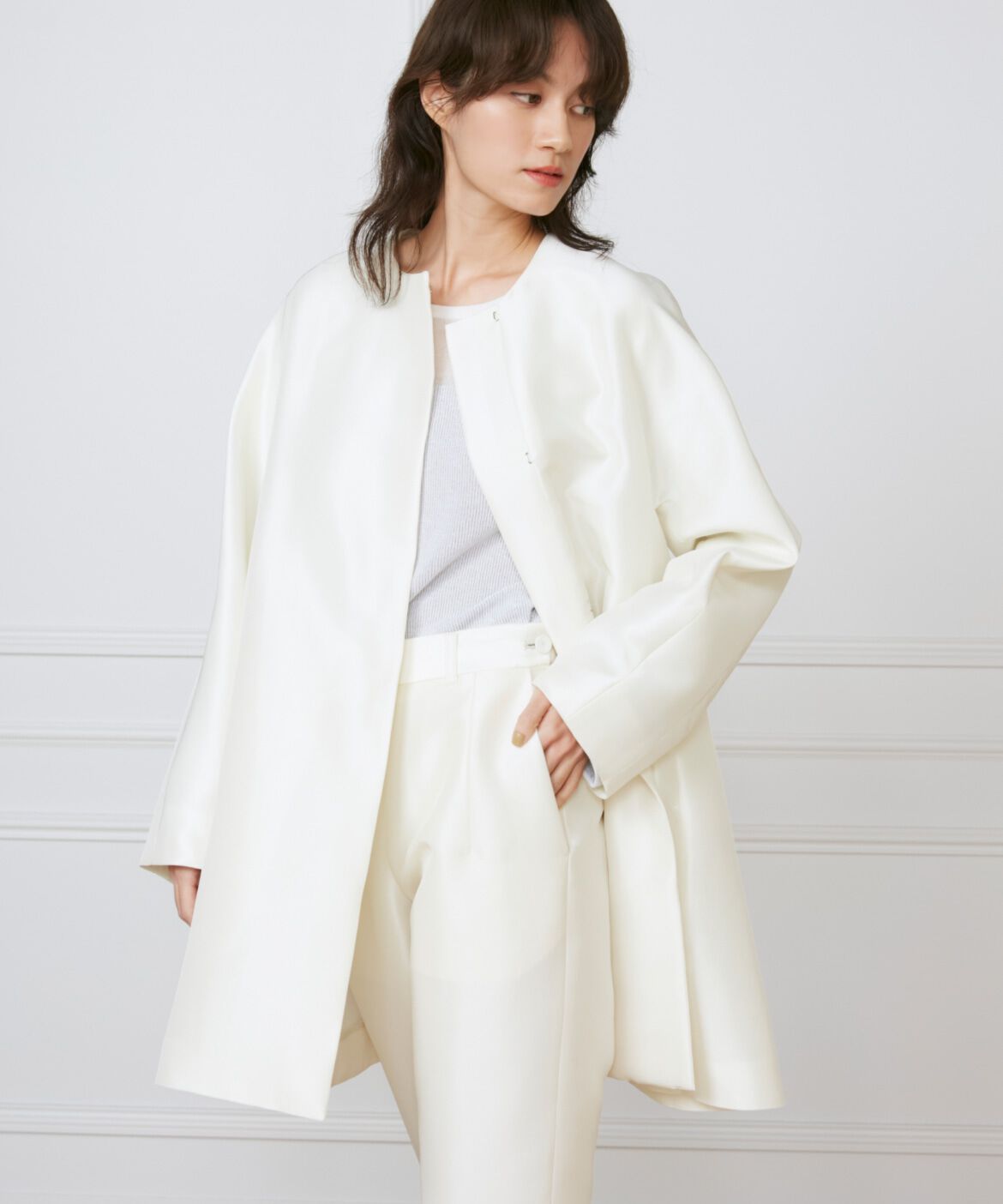 INED「ノーカラーAラインコート《la veille by SUPERIOR CLOSET》」|ピーコート|アイボリー2