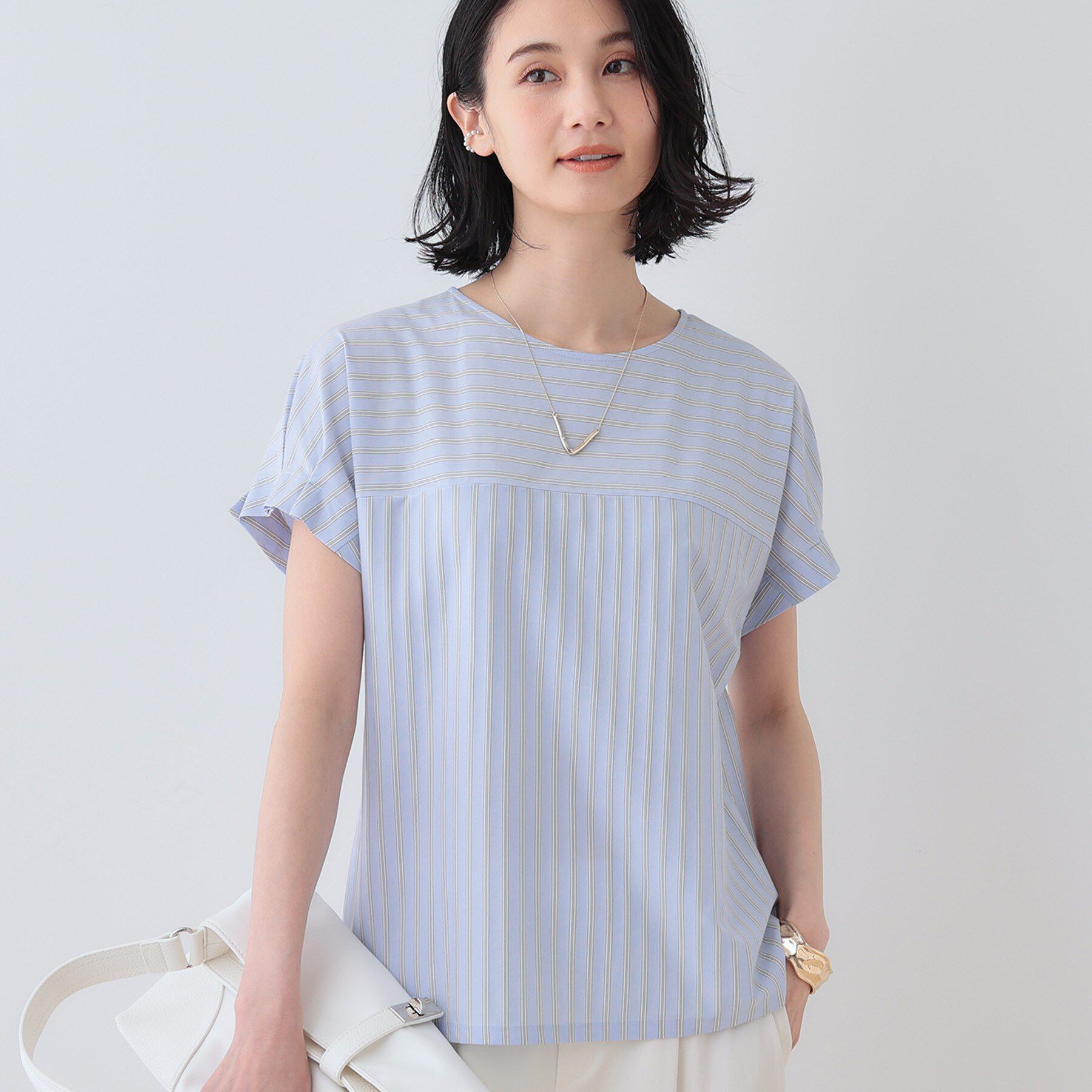 INDIVI「【洗える／ストライプ柄】袖タックブラウス」|シャツ・ブラウス|