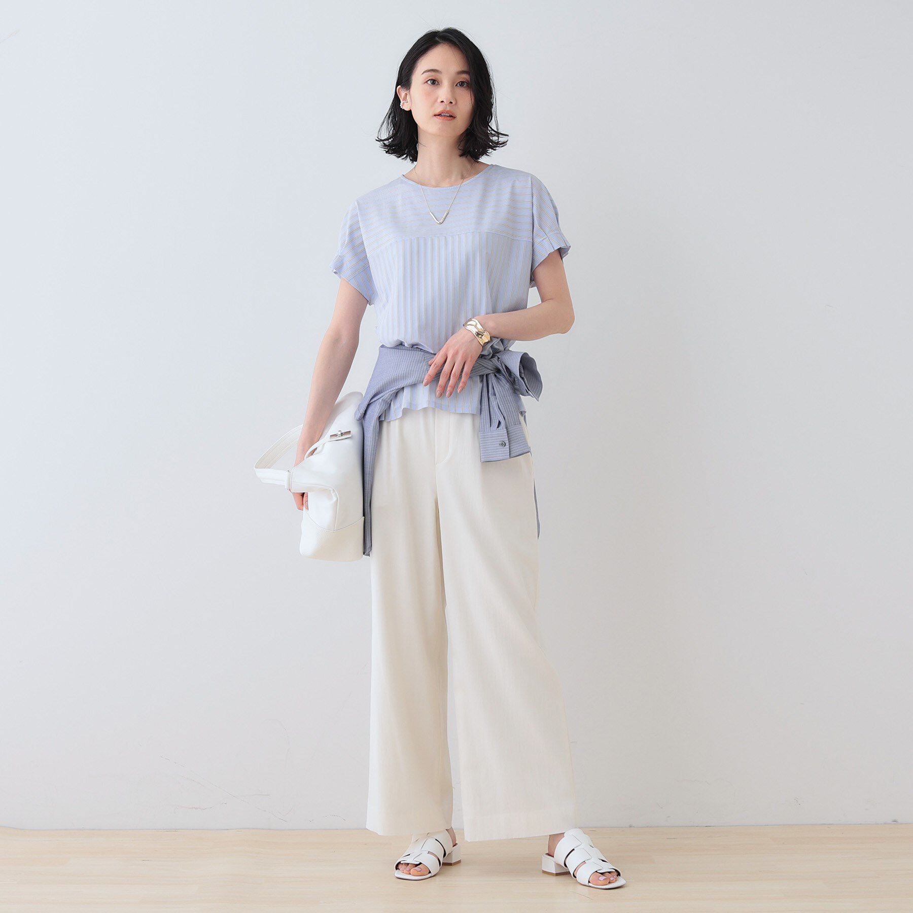 INDIVI「【洗える／ストライプ柄】袖タックブラウス」|シャツ・ブラウス|