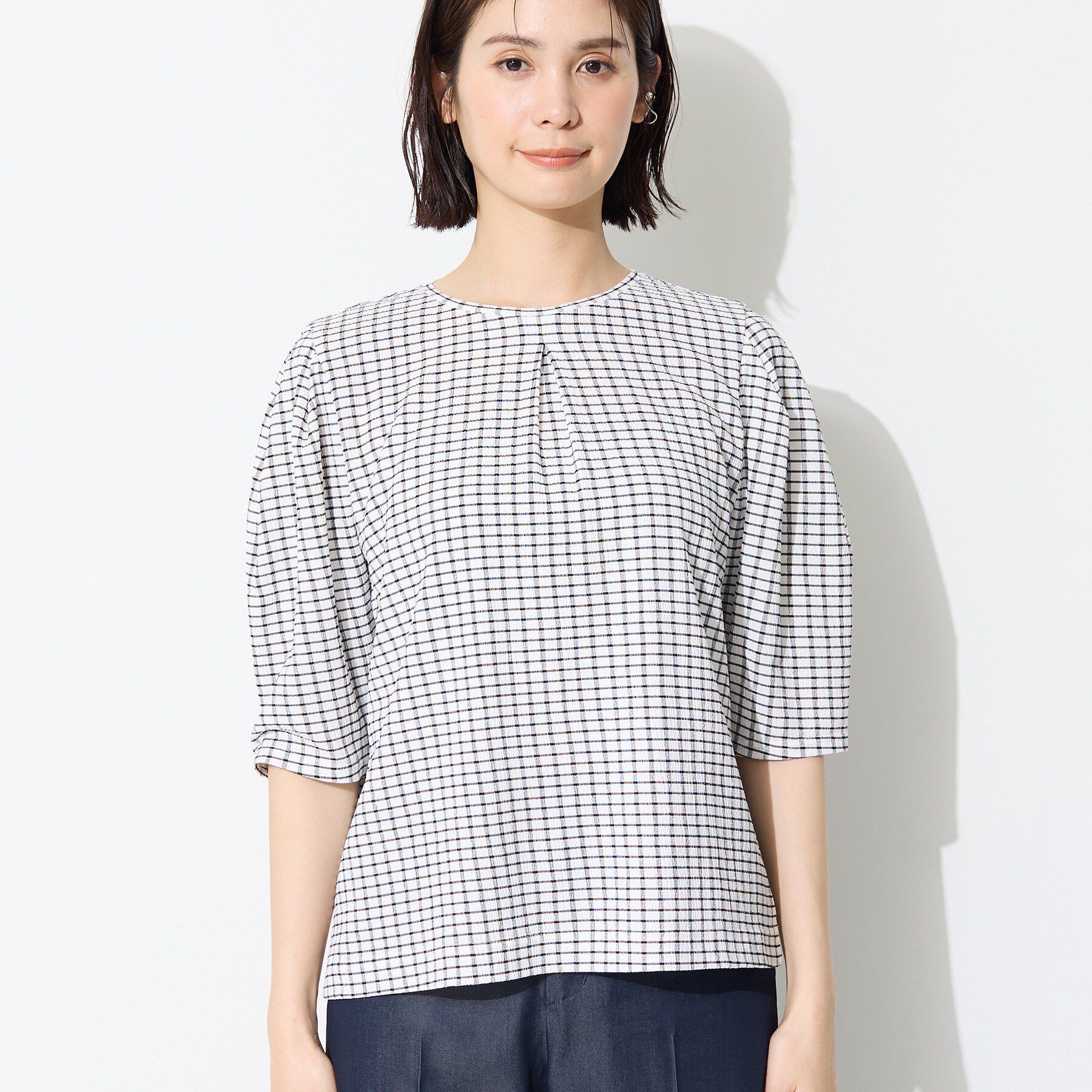 INDIVI「【UVケア／吸汗速乾】チェック柄タックボリュームスリーブトップス」|Tシャツ・カットソー|