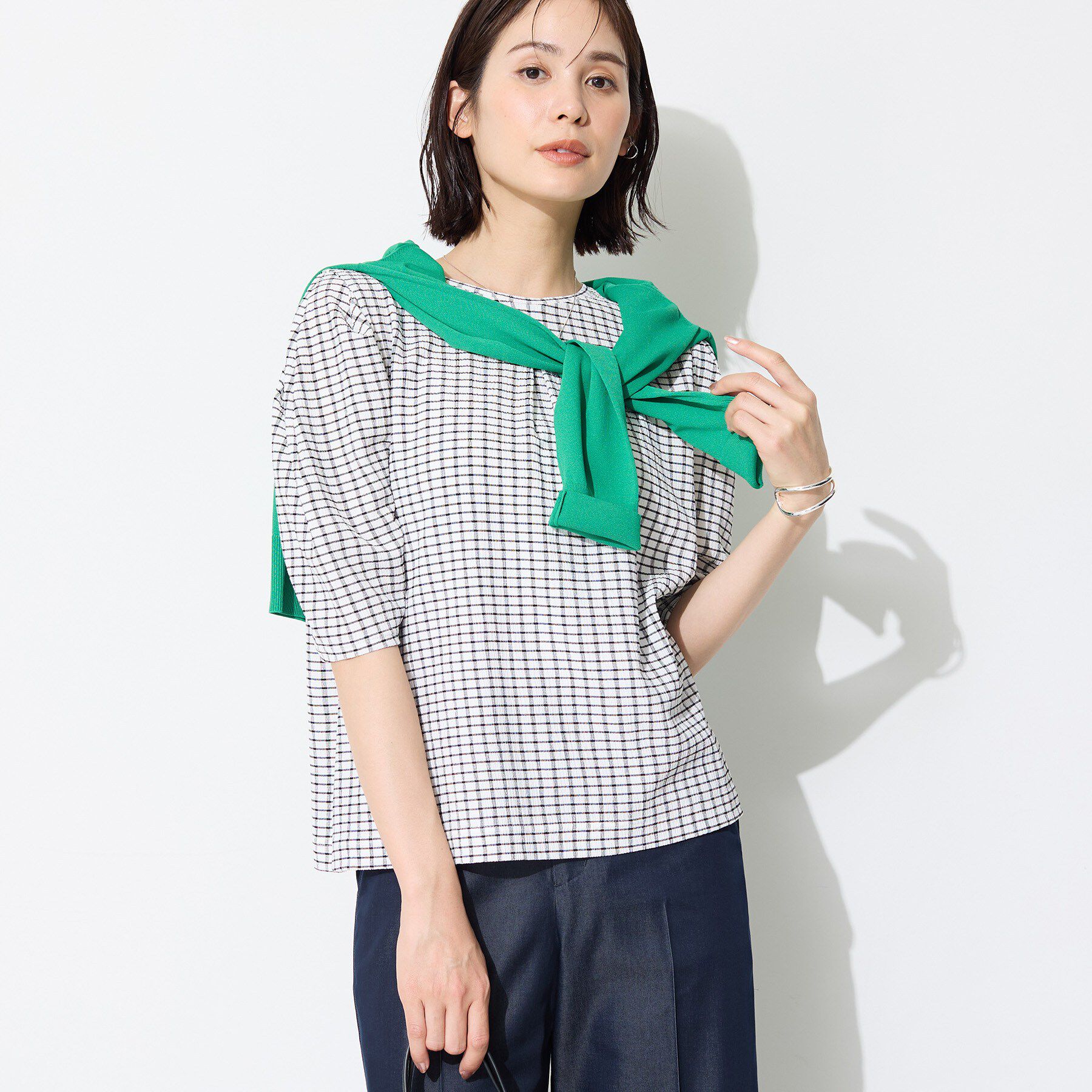 INDIVI「【UVケア／吸汗速乾】チェック柄タックボリュームスリーブトップス」|Tシャツ・カットソー|