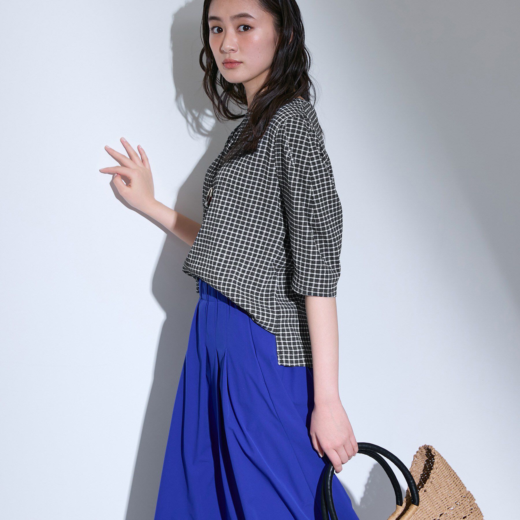 INDIVI「【UVケア／吸汗速乾】チェック柄タックボリュームスリーブトップス」|Tシャツ・カットソー|