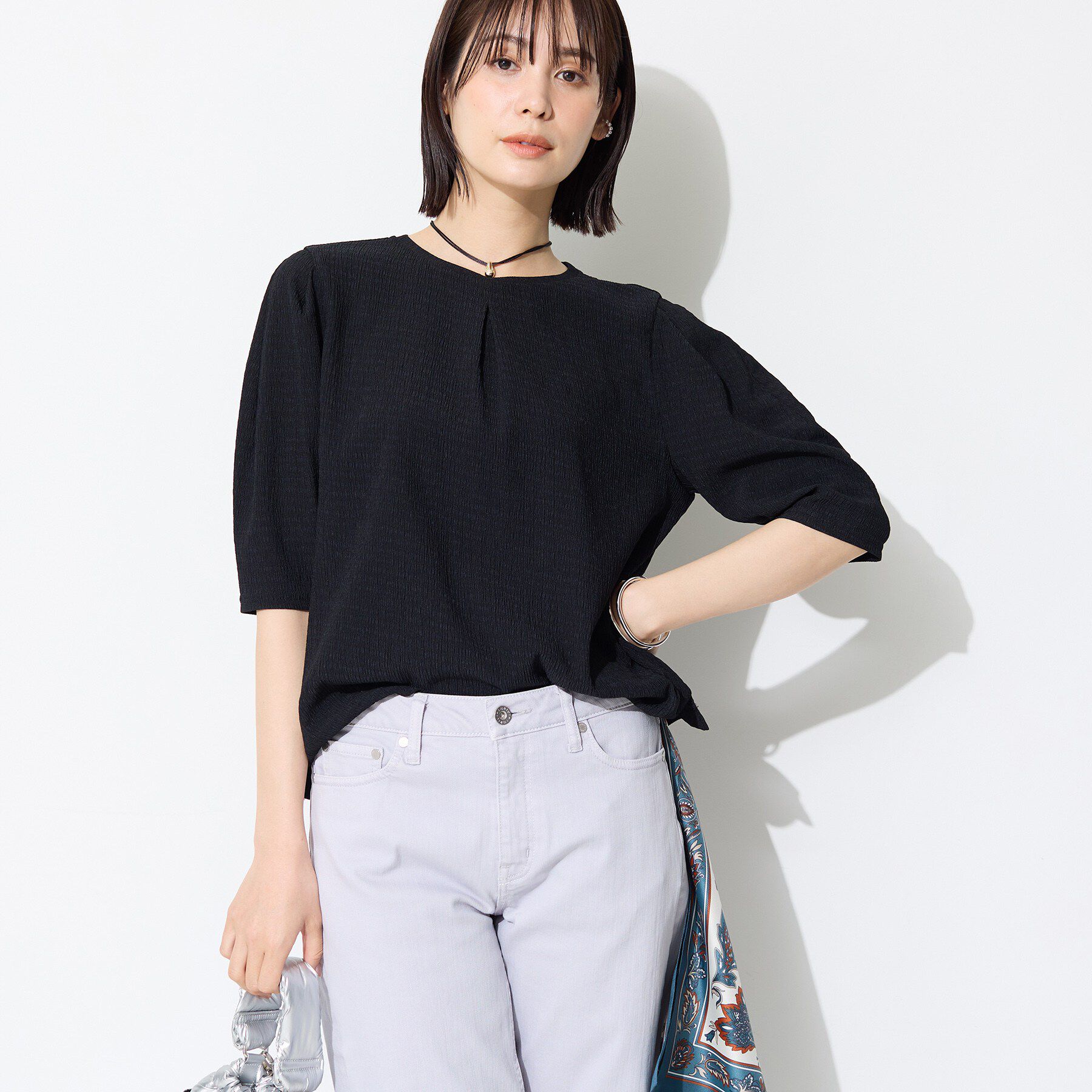 INDIVI「【UVケア／吸汗速乾】チェック柄タックボリュームスリーブトップス」|Tシャツ・カットソー|ネイビー(294)