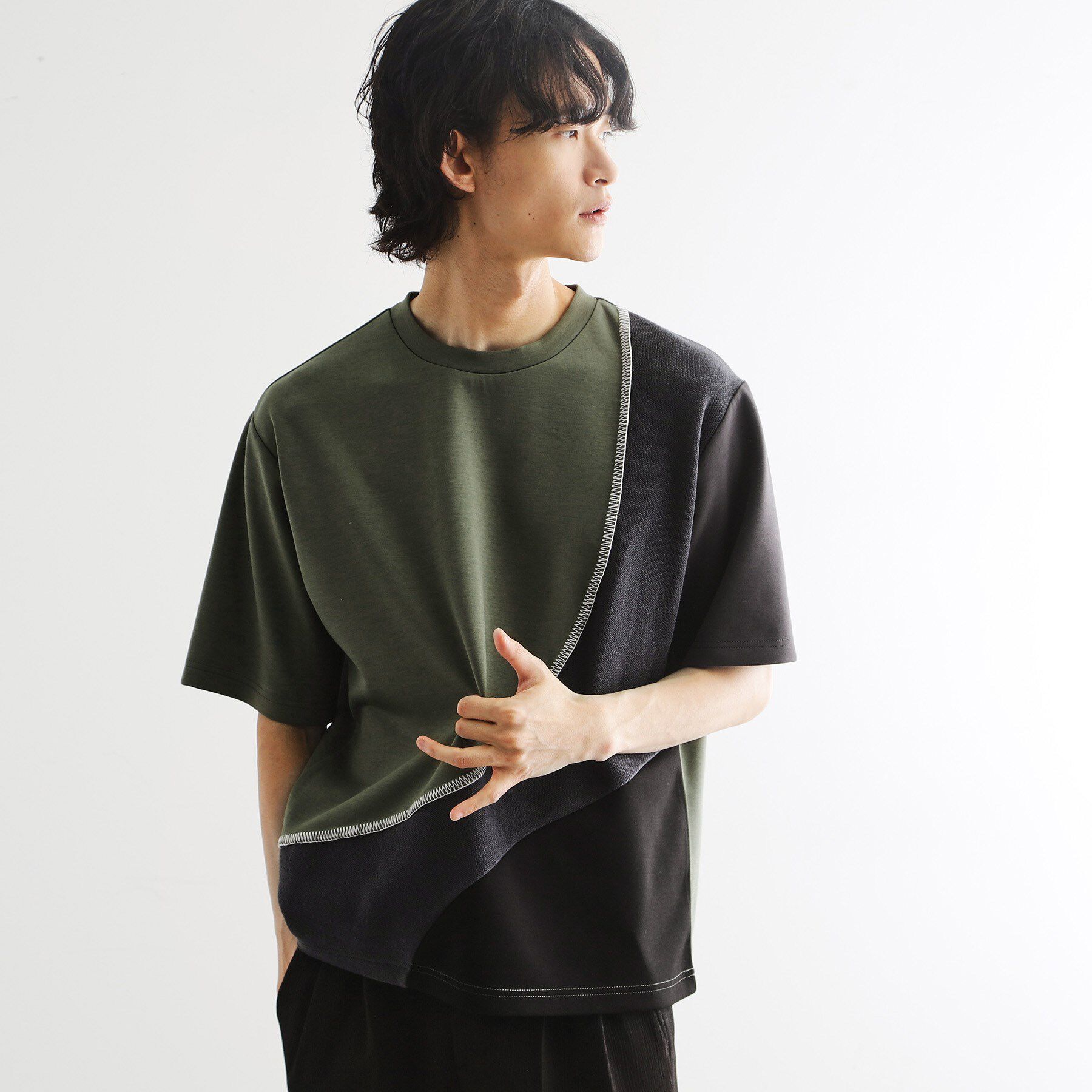 tk.TAKEO KIKUCHI「ニットドッキングカーブスイッチカットソー」|Tシャツ・カットソー|オリーブグリーン(5