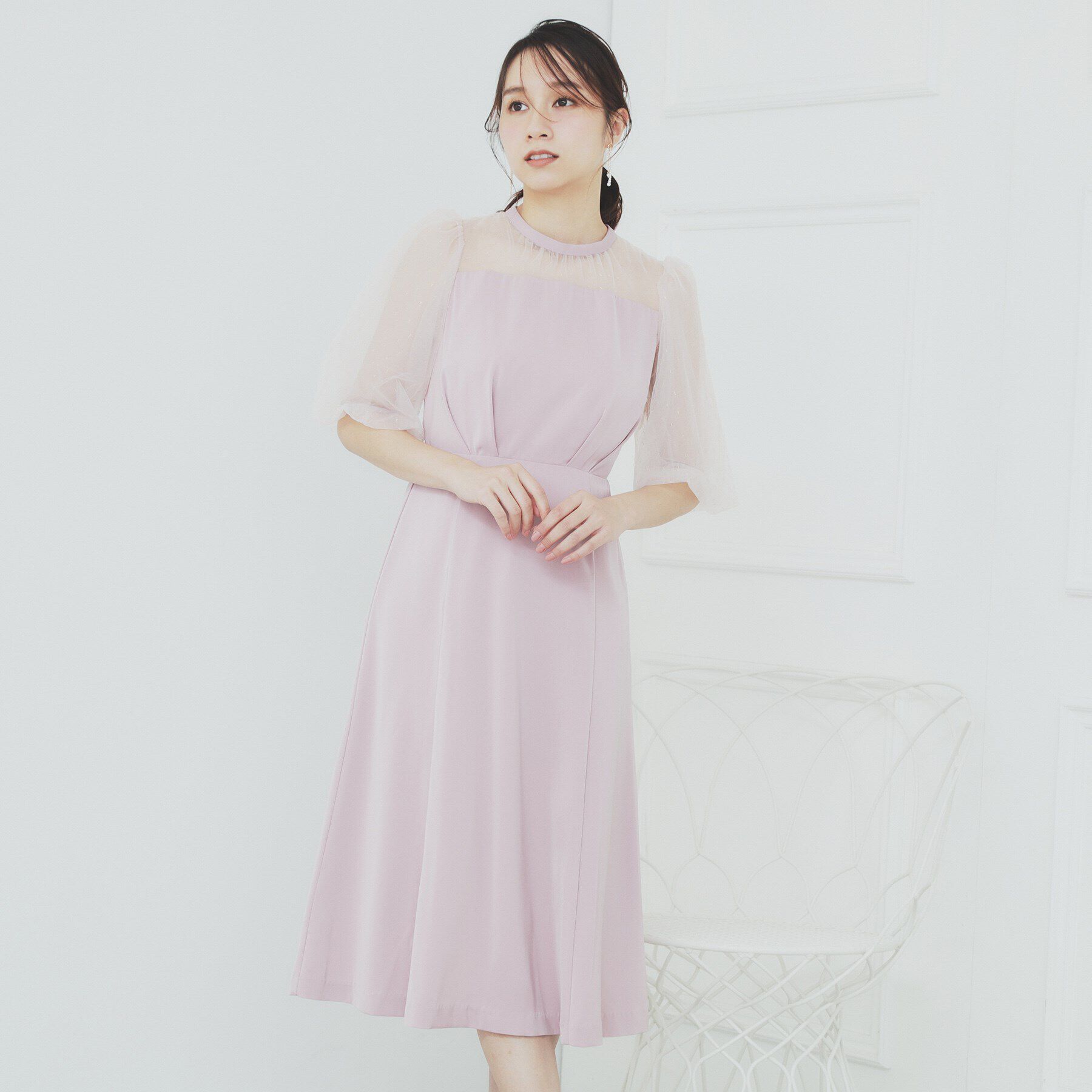 index「ドットチュールスリーブドッキングワンピース【洗濯機洗い可】」|ワンピース|