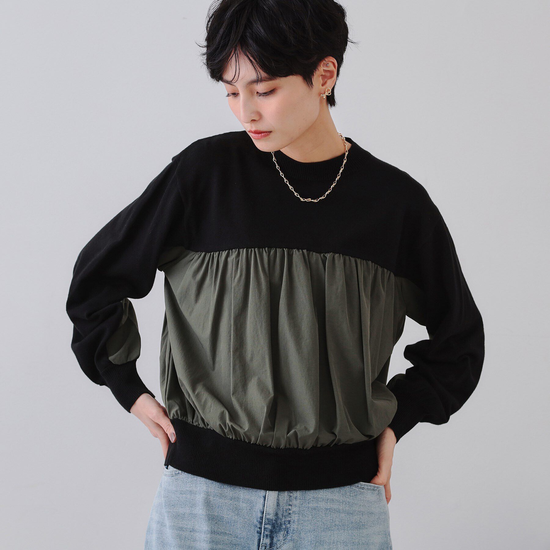 OPAQUE.CLIP「ギャザーフハクドッキングニット【洗濯機洗い可】」|ニット・セーター|ブラック(519)