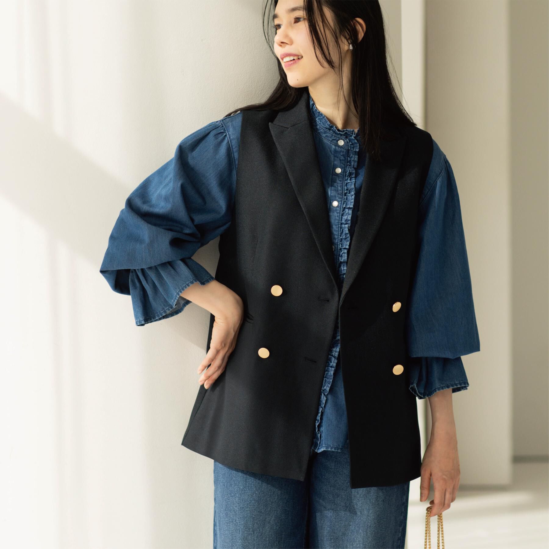 OPAQUE.CLIP「金ボタンダブルブレストテーラードジレ/セットアップ対応【洗える】《S～LL》」|ベスト・ジレ|ネイビー(094)
