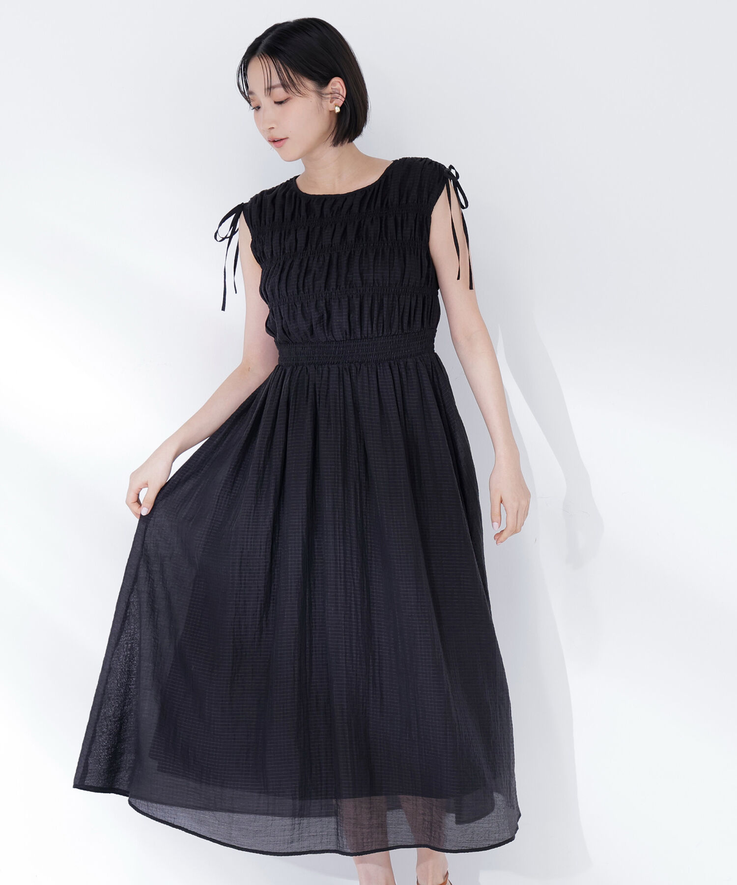  「シアーチェックギャザーワンピース」|ワンピース|