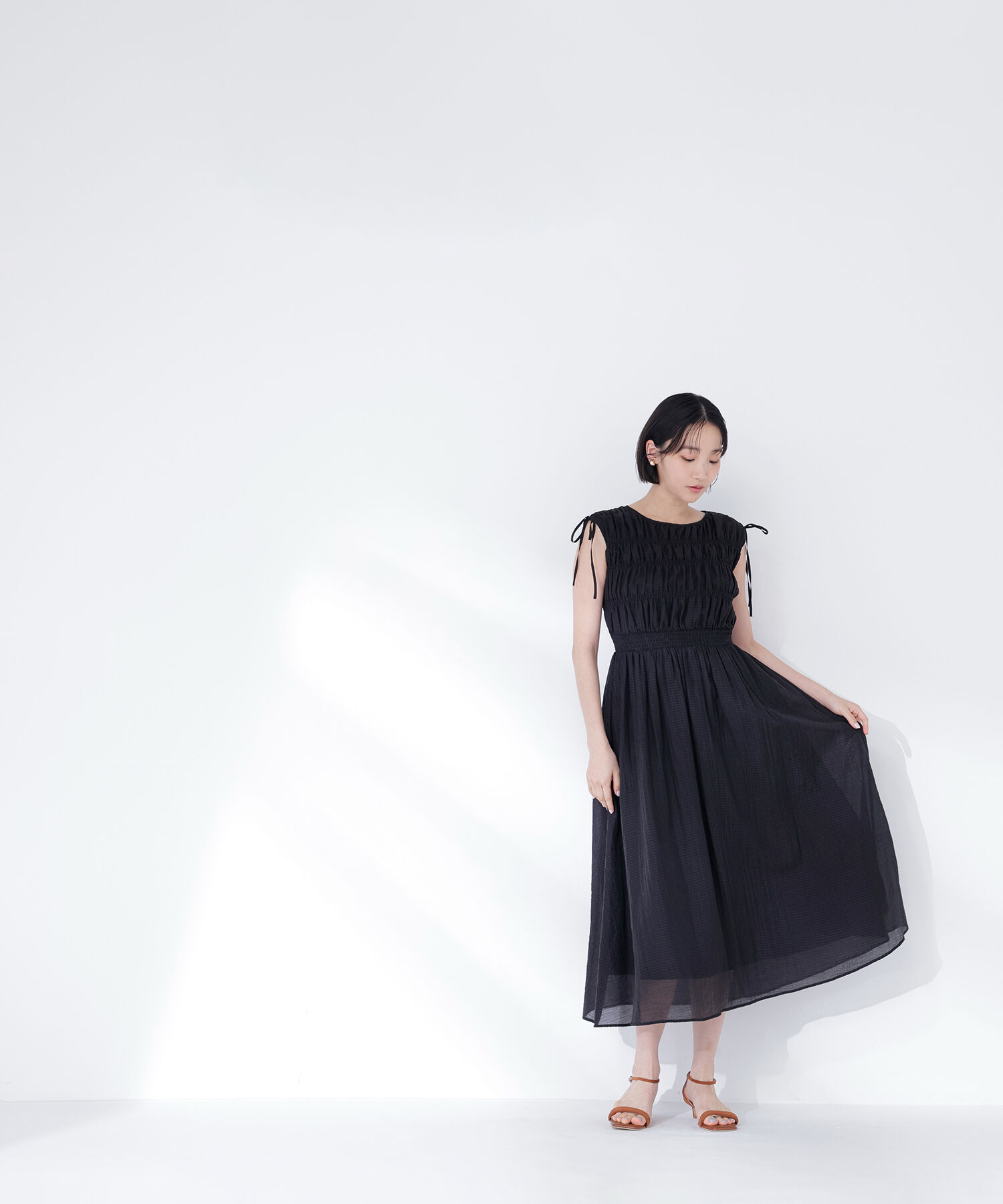  「シアーチェックギャザーワンピース」|ワンピース|