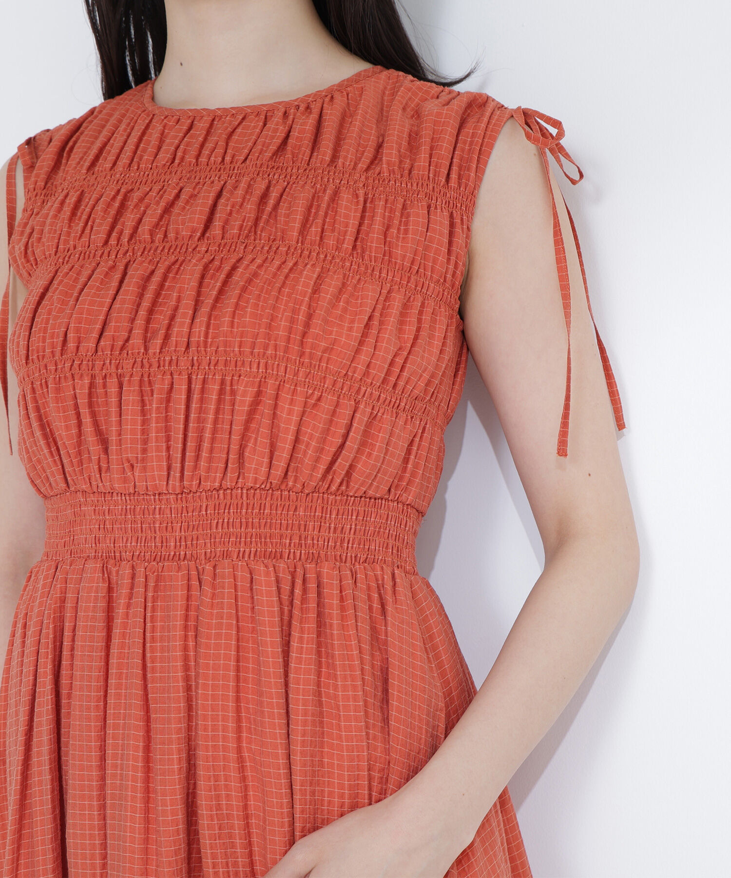  「シアーチェックギャザーワンピース」|ワンピース|