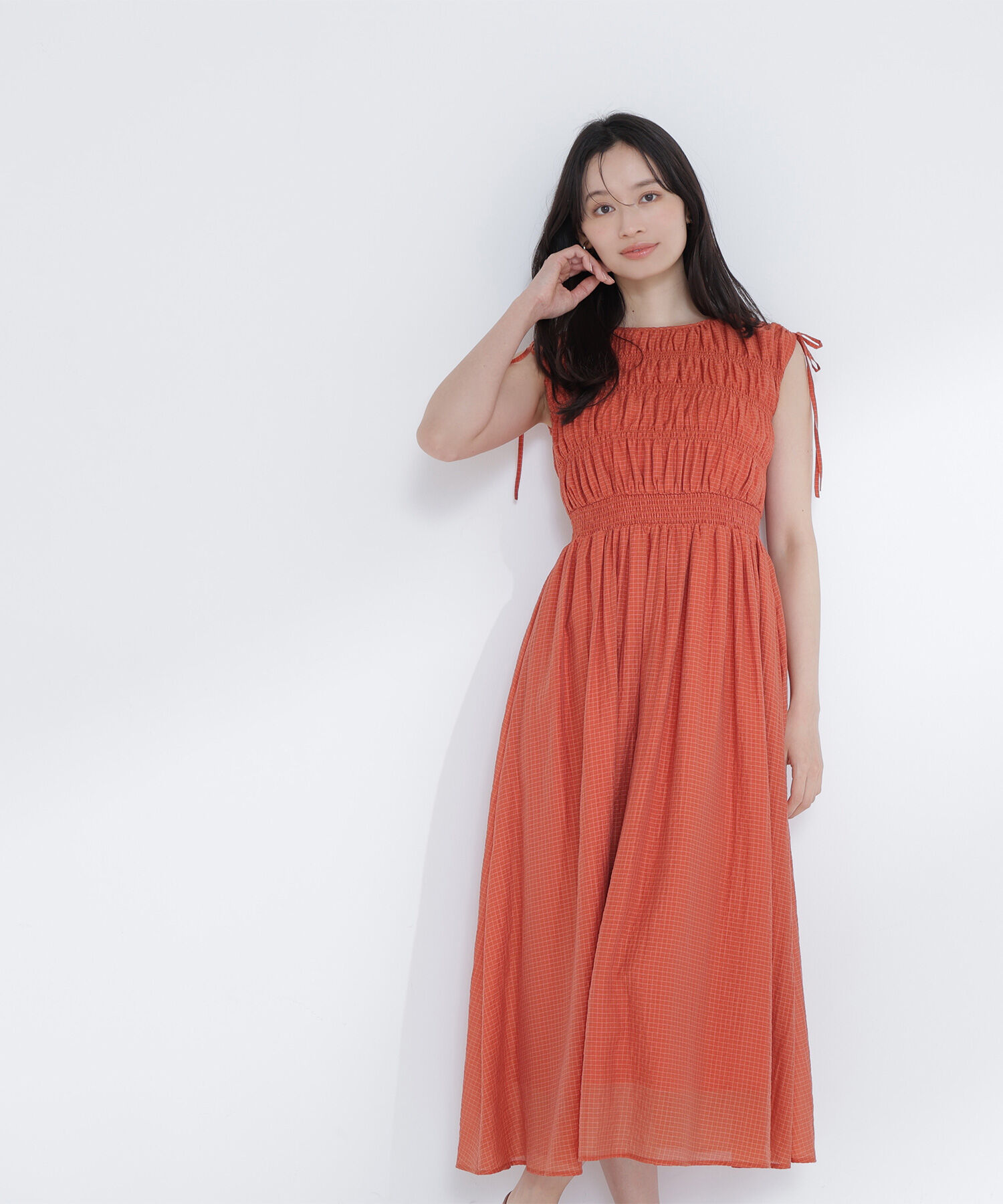  「シアーチェックギャザーワンピース」|ワンピース|