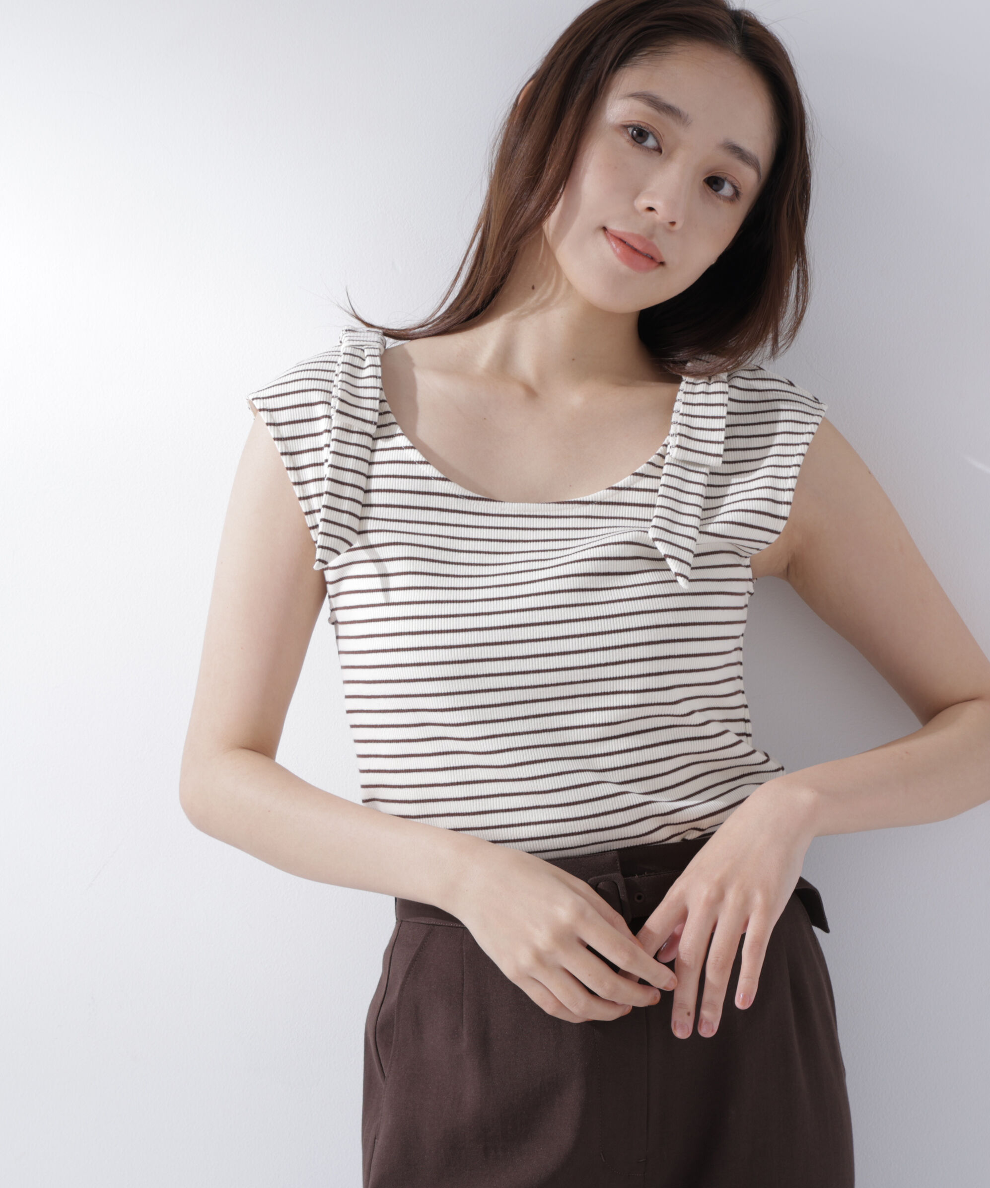  「ショルダーリボンボーダートップス」|Tシャツ・カットソー|オフホワイト2