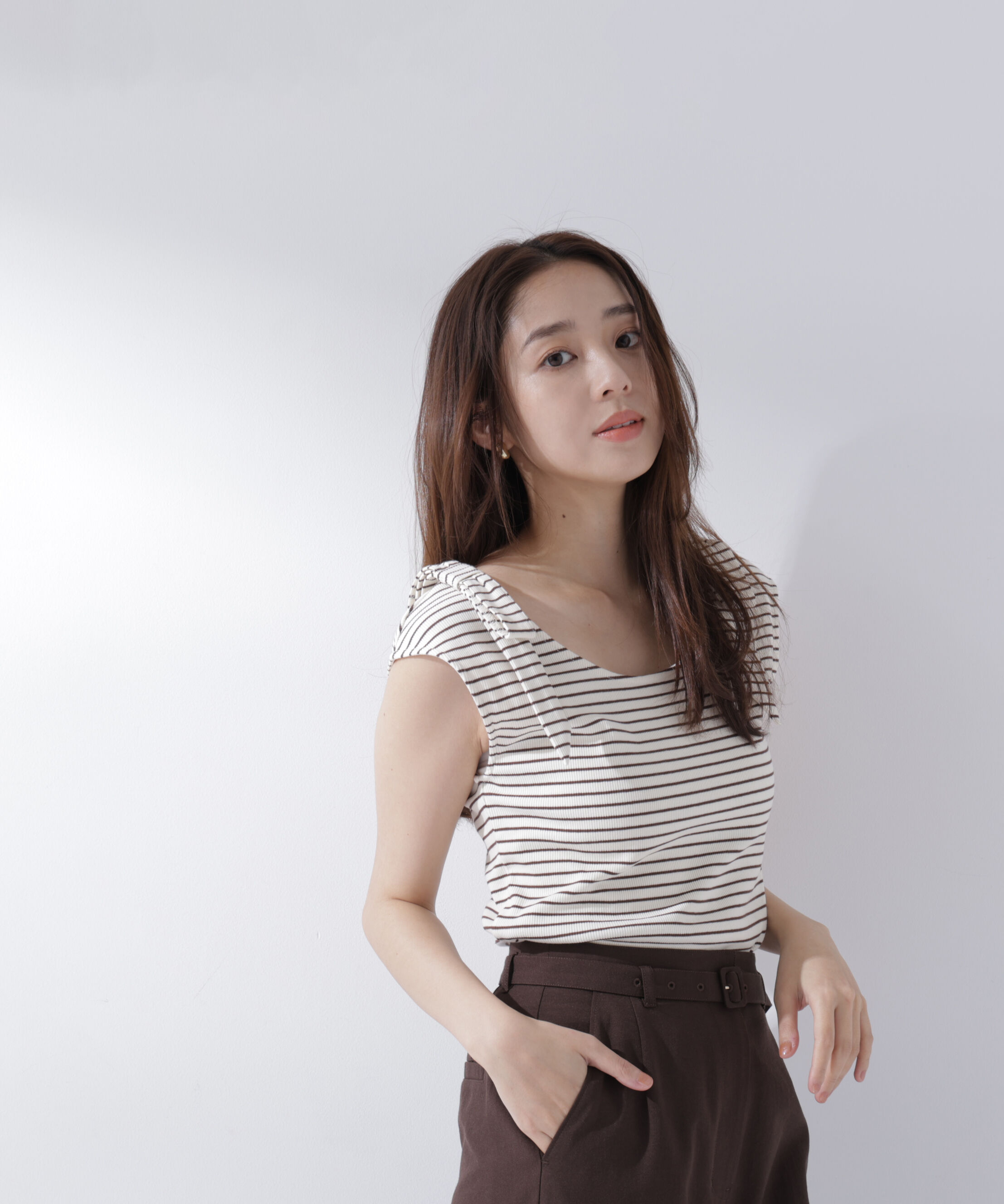  「ショルダーリボンボーダートップス」|Tシャツ・カットソー|