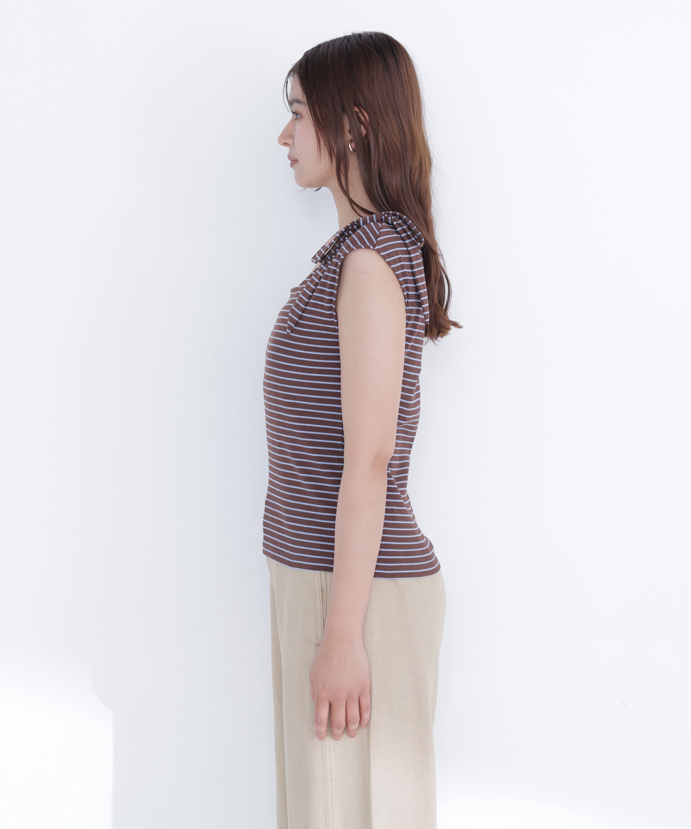  「ショルダーリボンボーダートップス」|Tシャツ・カットソー|