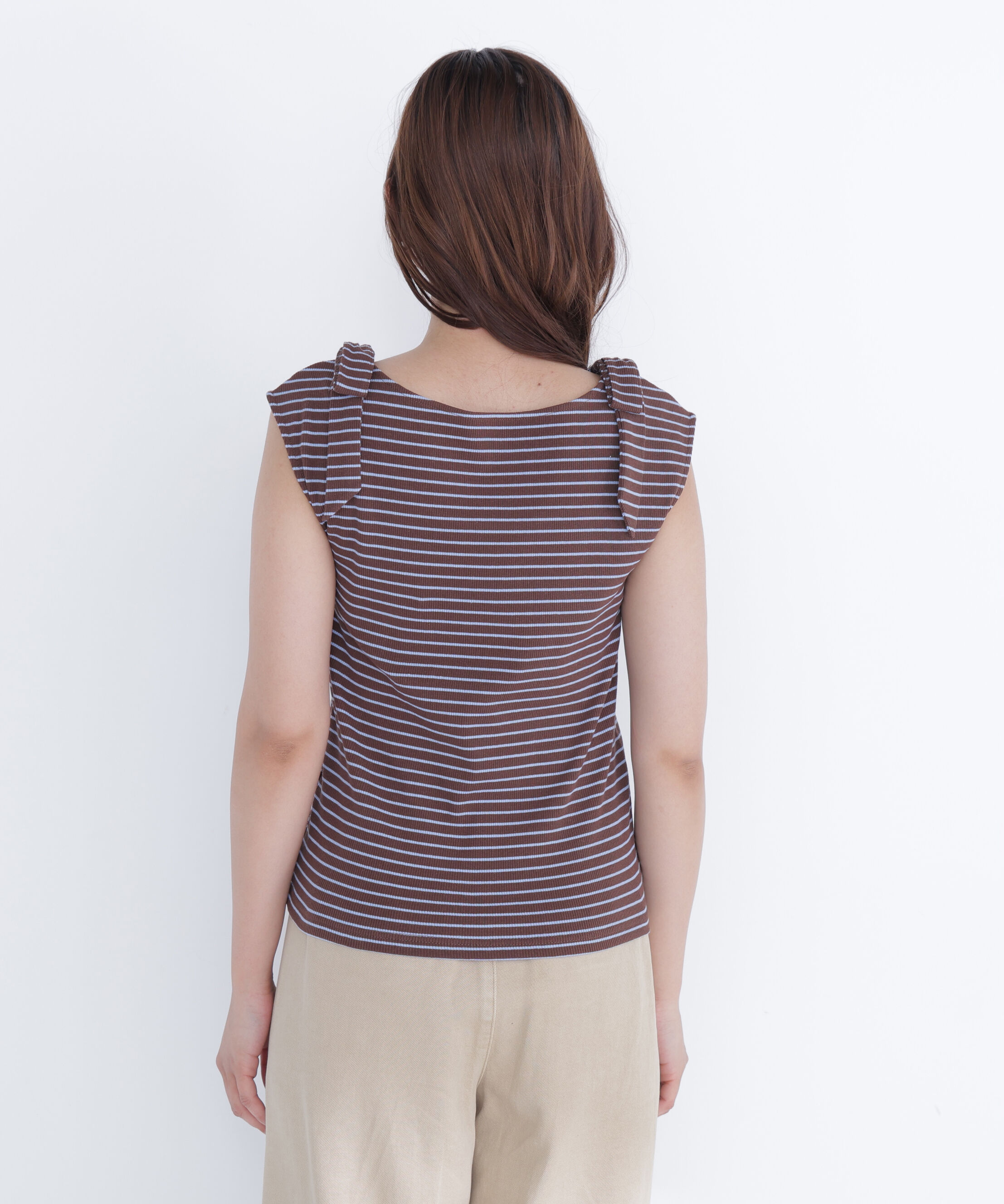 「ショルダーリボンボーダートップス」|Tシャツ・カットソー|