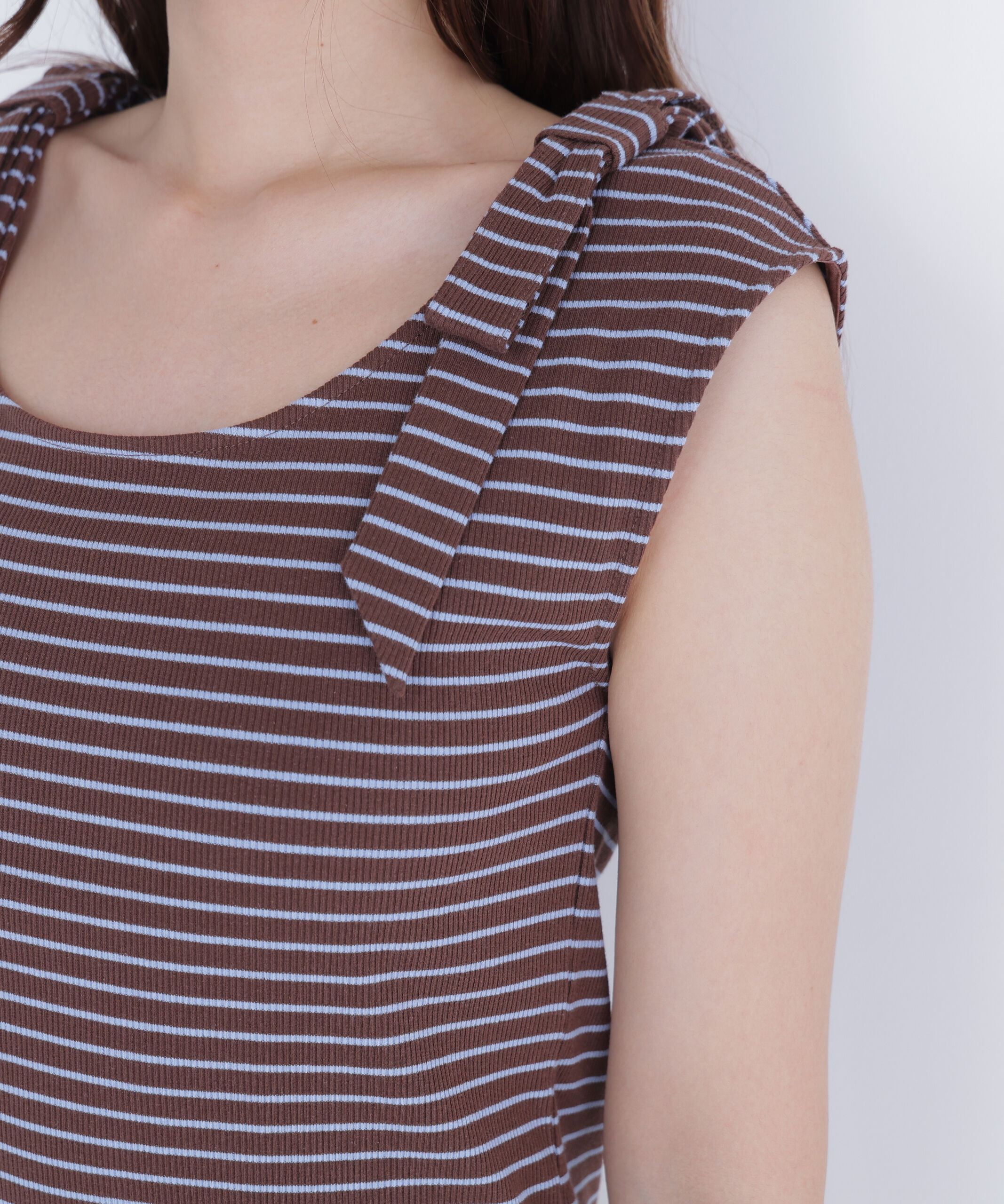  「ショルダーリボンボーダートップス」|Tシャツ・カットソー|