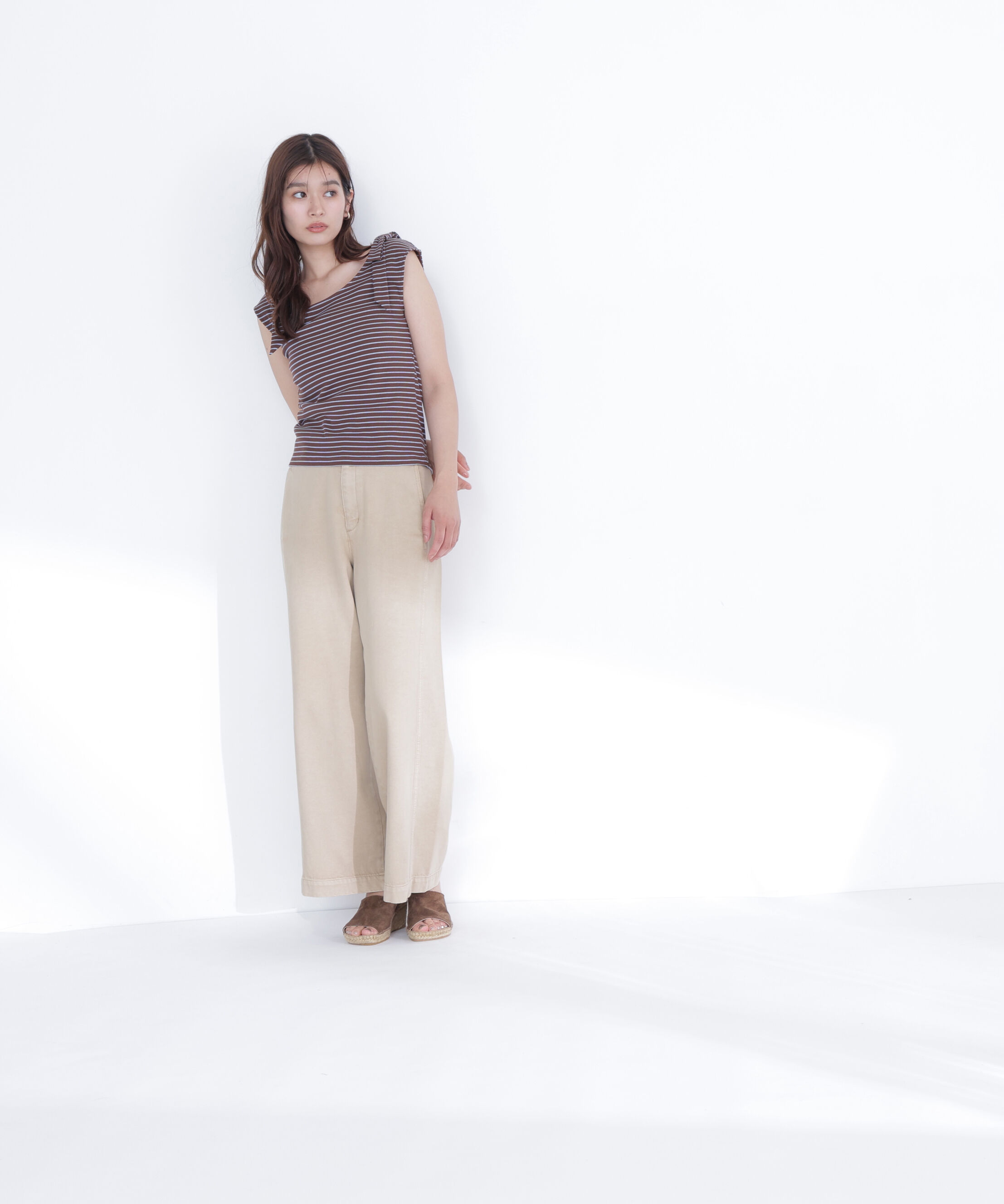  「ショルダーリボンボーダートップス」|Tシャツ・カットソー|