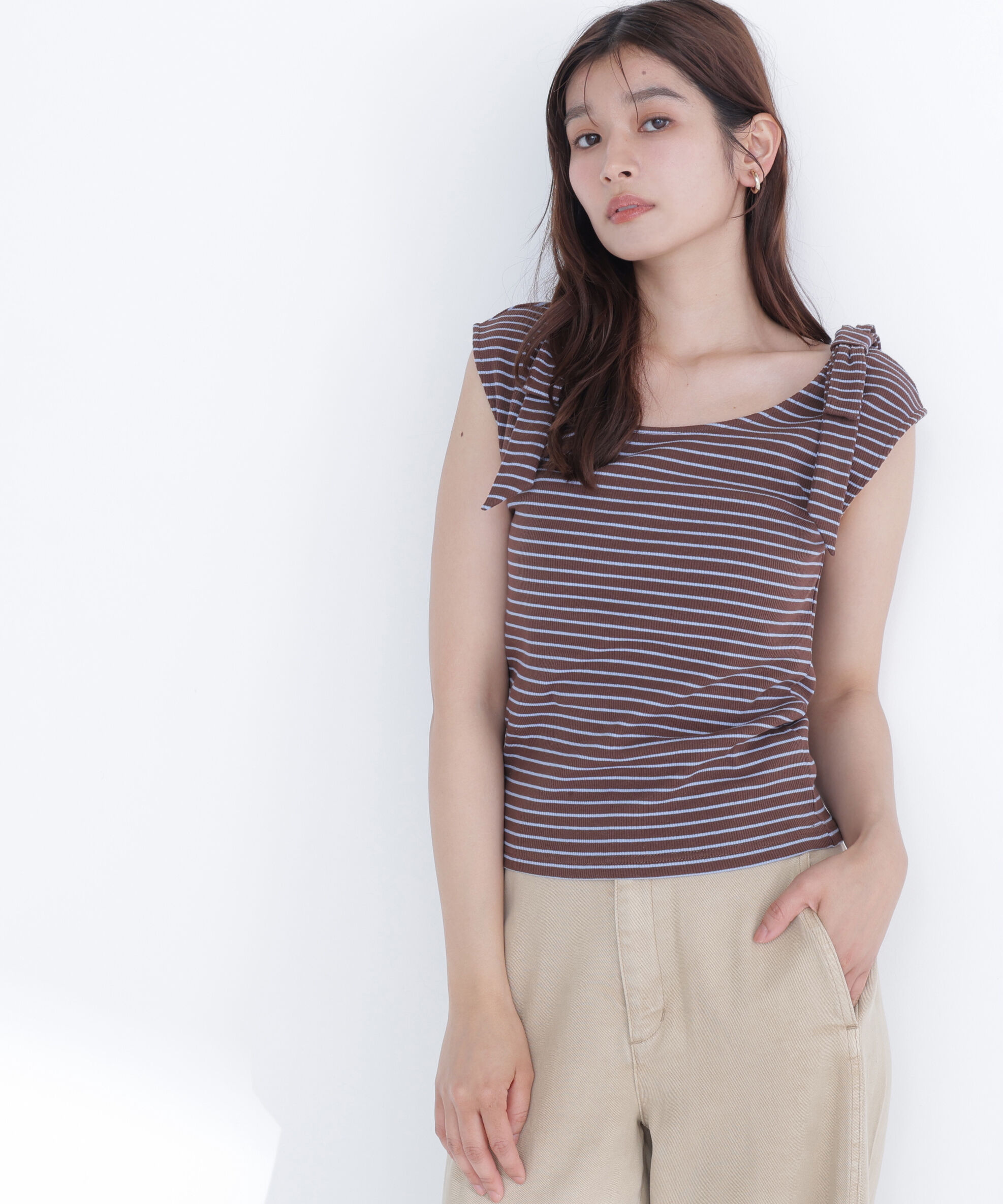  「ショルダーリボンボーダートップス」|Tシャツ・カットソー|