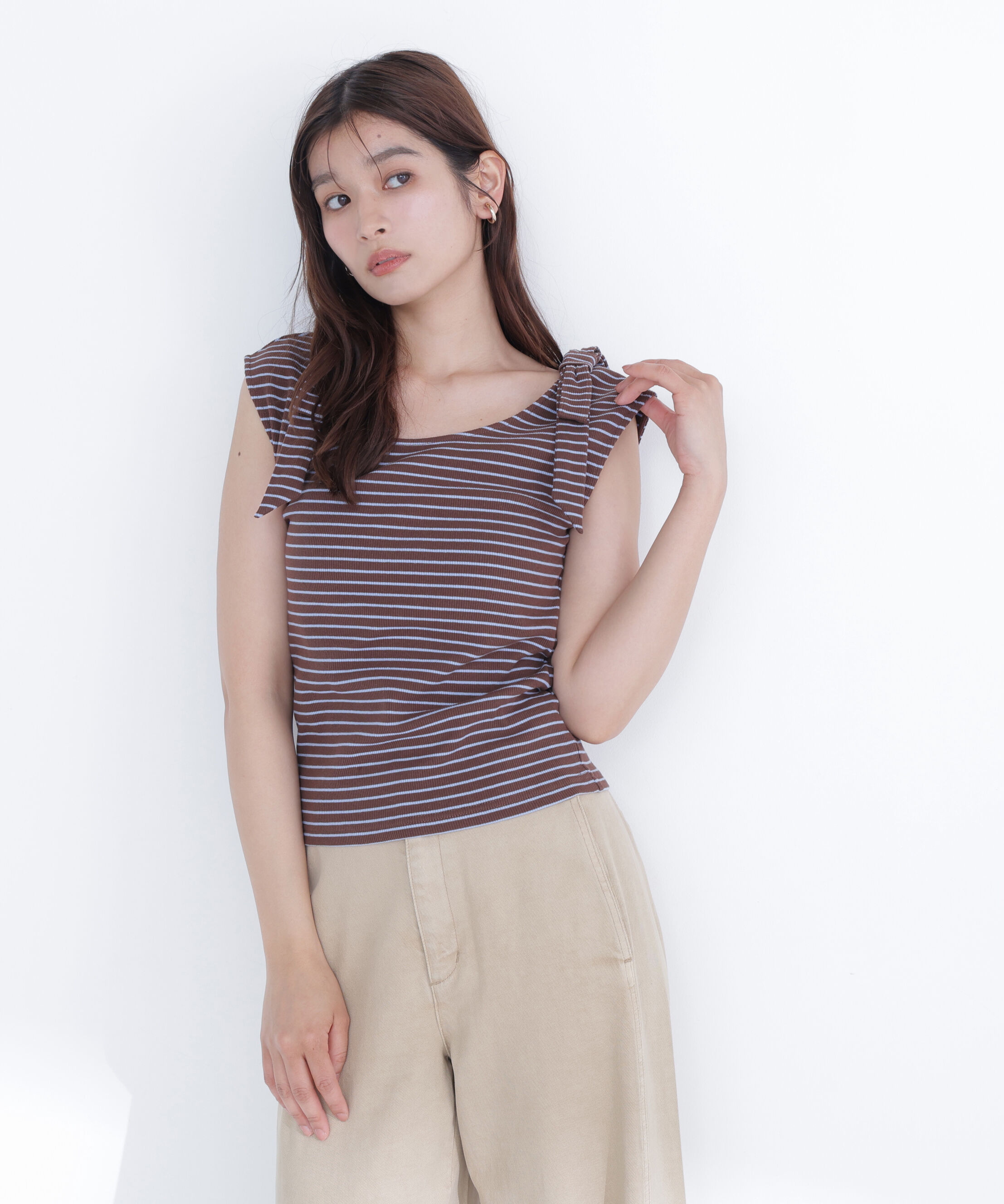  「ショルダーリボンボーダートップス」|Tシャツ・カットソー|