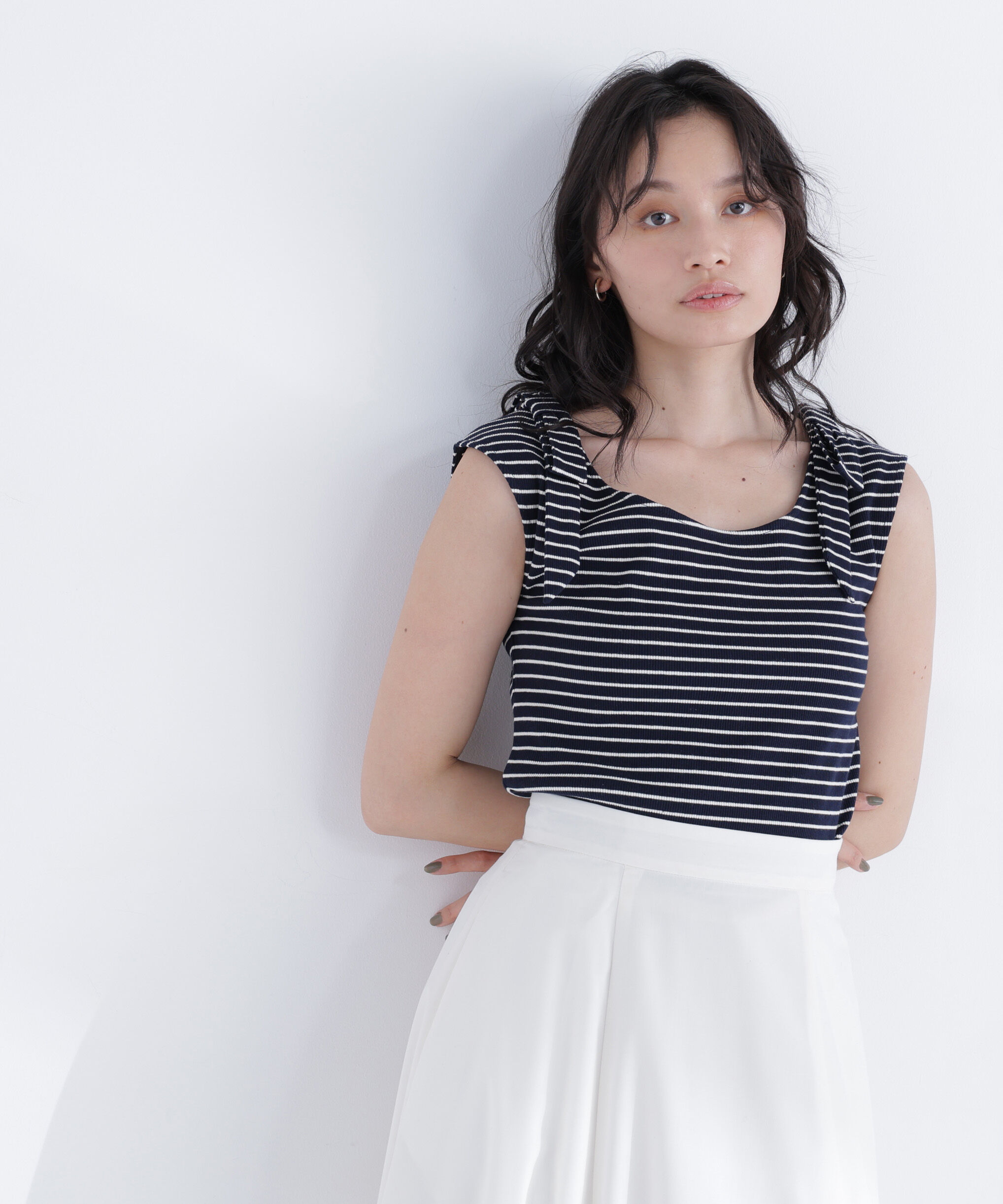  「ショルダーリボンボーダートップス」|Tシャツ・カットソー|