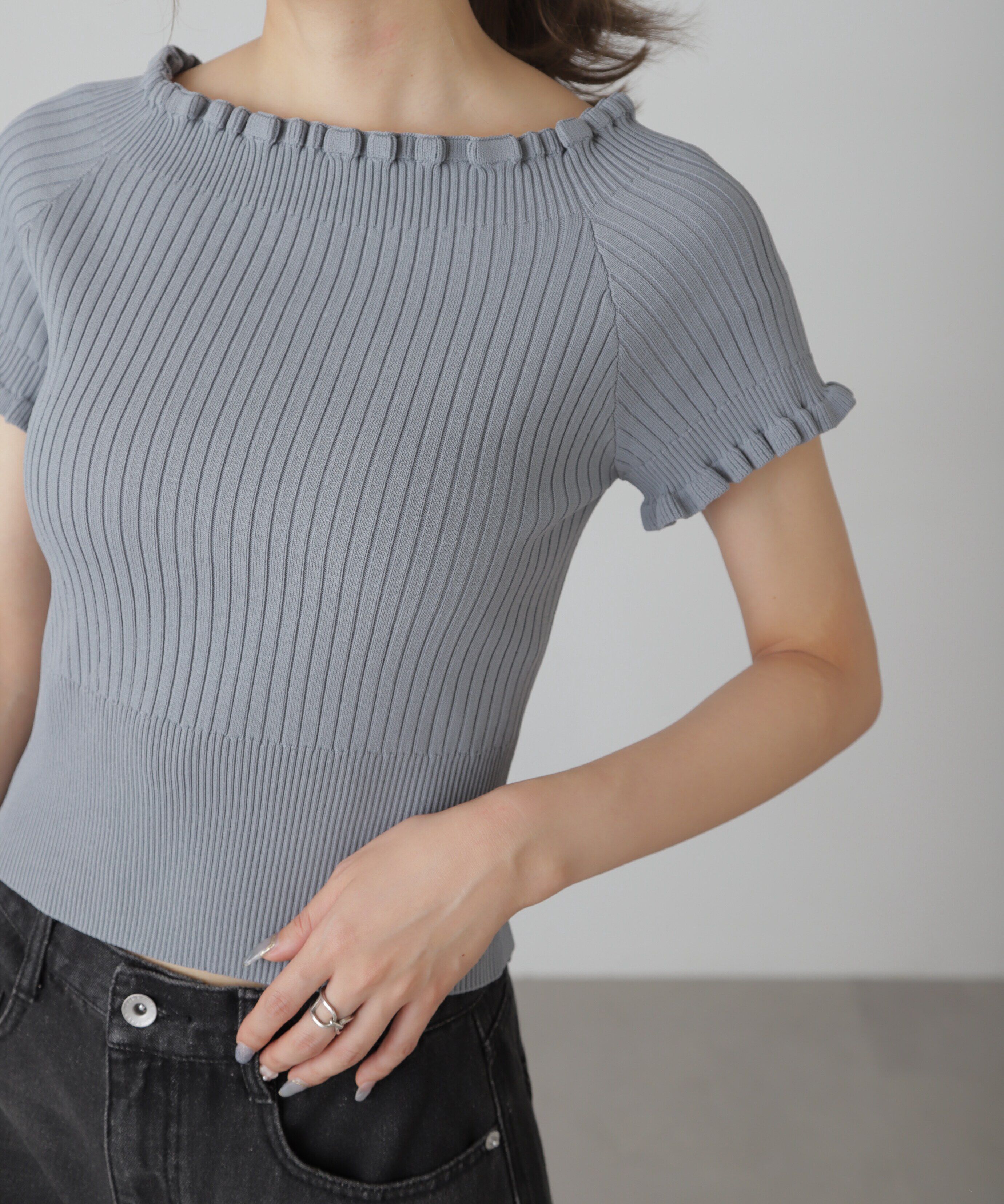  「2wayオフショルフリルリブ半袖ニット」|ニット・セーター|