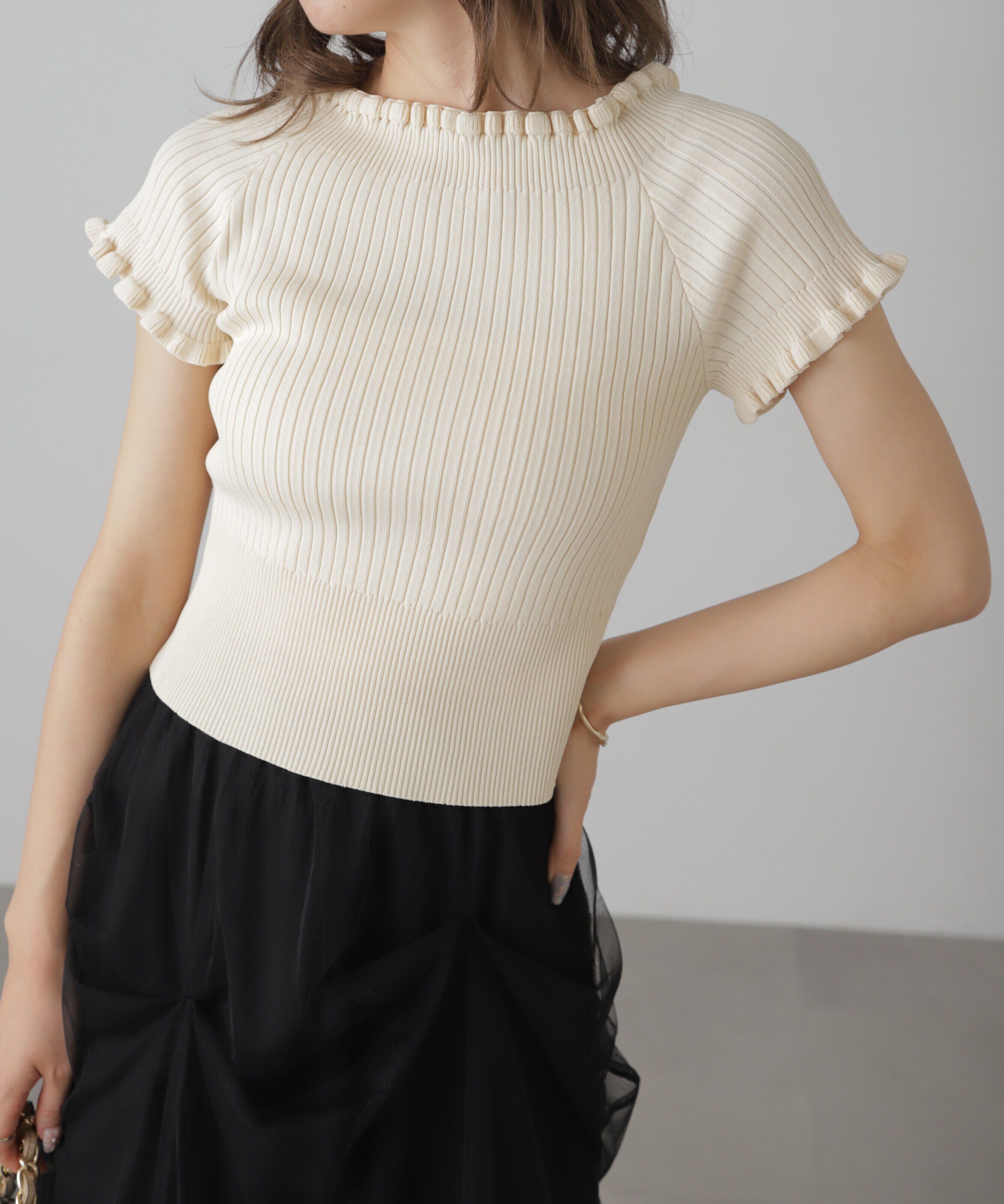  「2wayオフショルフリルリブ半袖ニット」|ニット・セーター|オフ