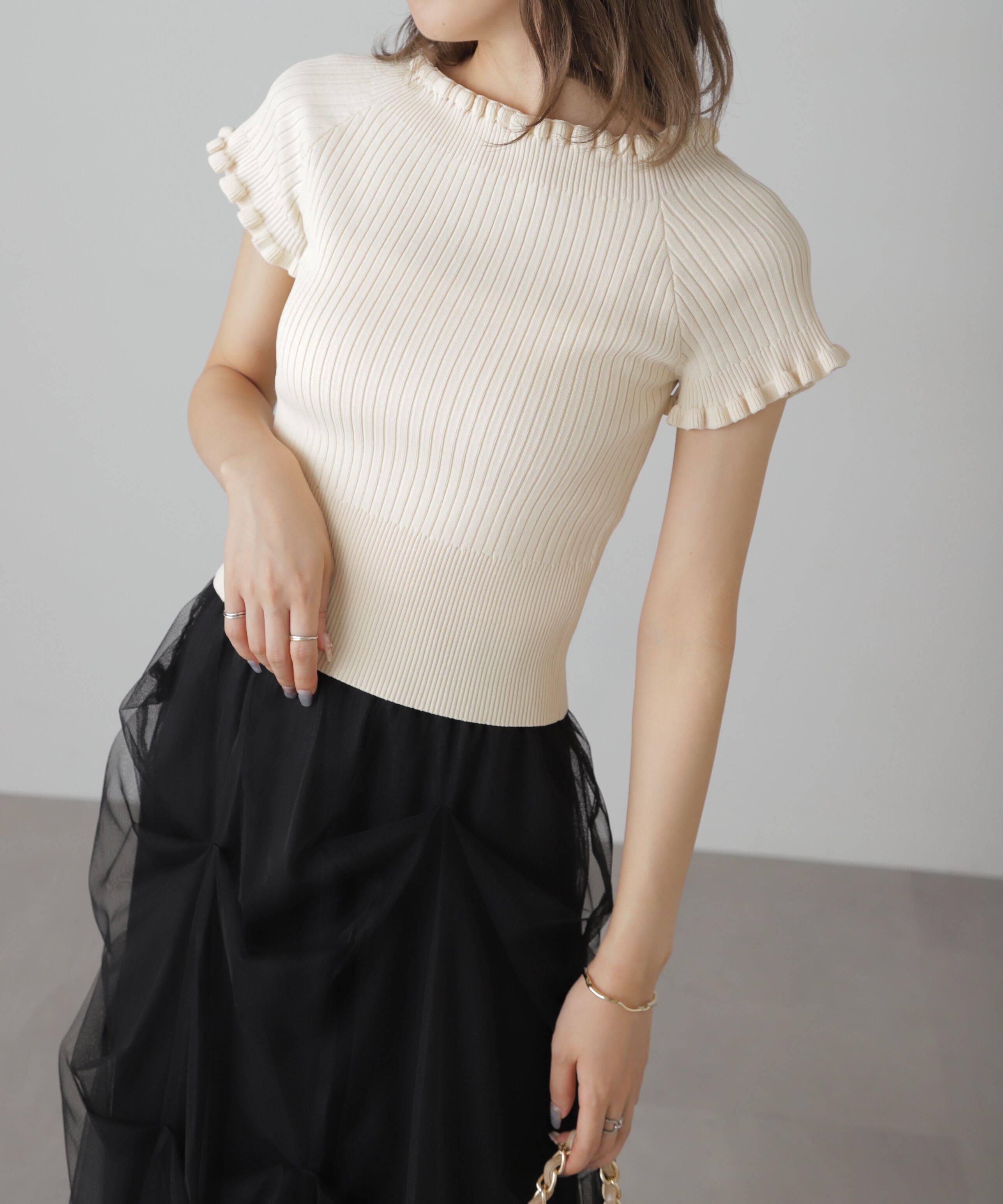  「2wayオフショルフリルリブ半袖ニット」|ニット・セーター|
