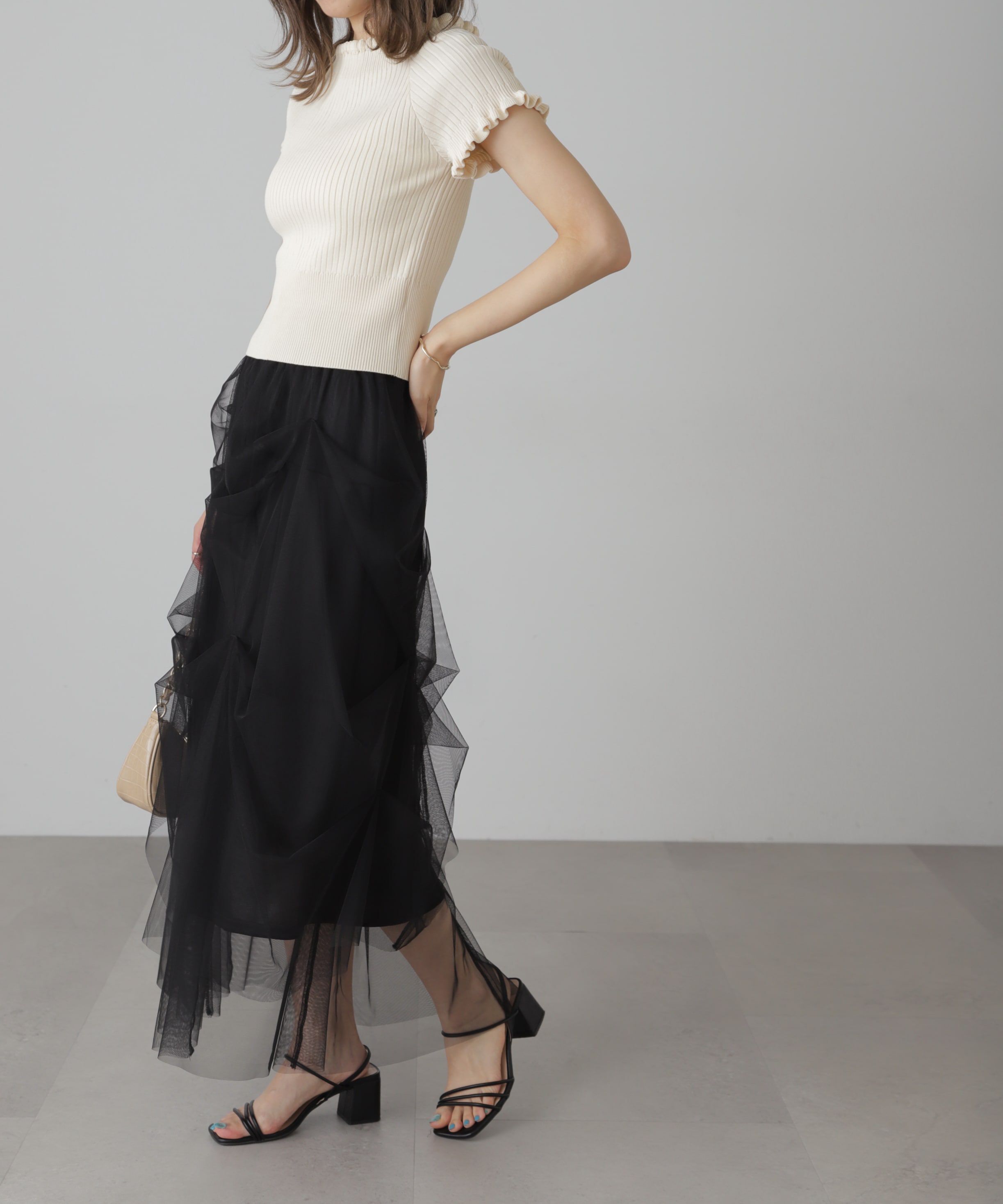  「2wayオフショルフリルリブ半袖ニット」|ニット・セーター|