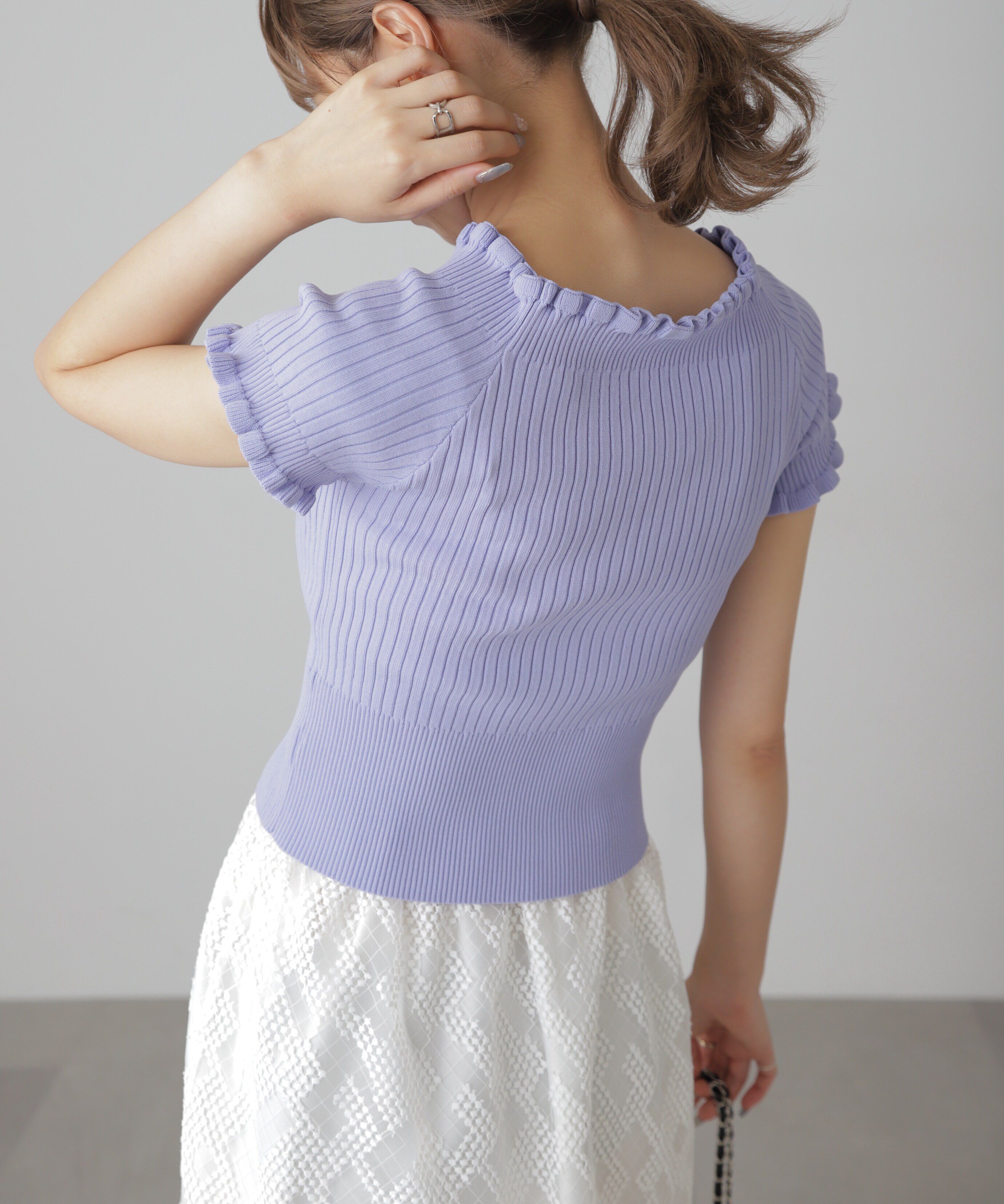  「2wayオフショルフリルリブ半袖ニット」|ニット・セーター|